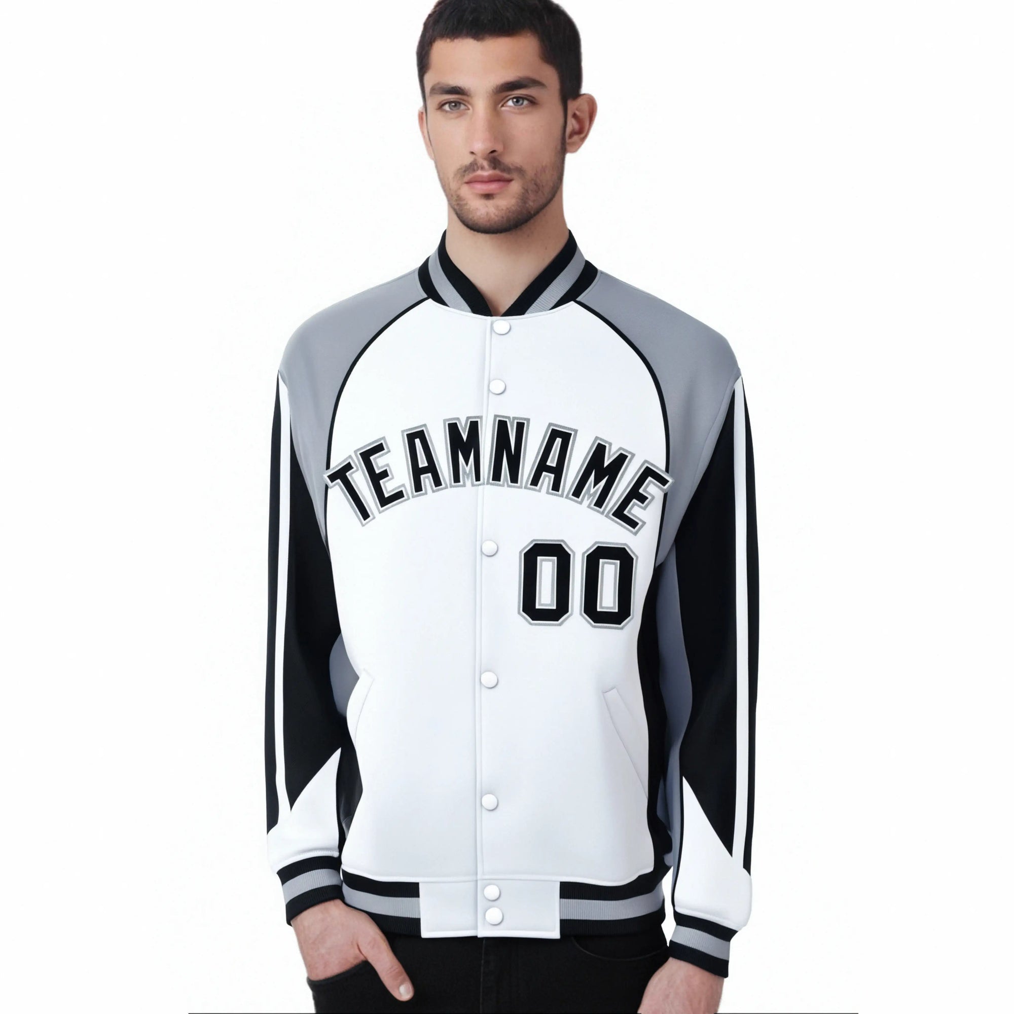 Custom White Gray-Black Raglan Sleeves Varsity Letterman Two Tone Jacket