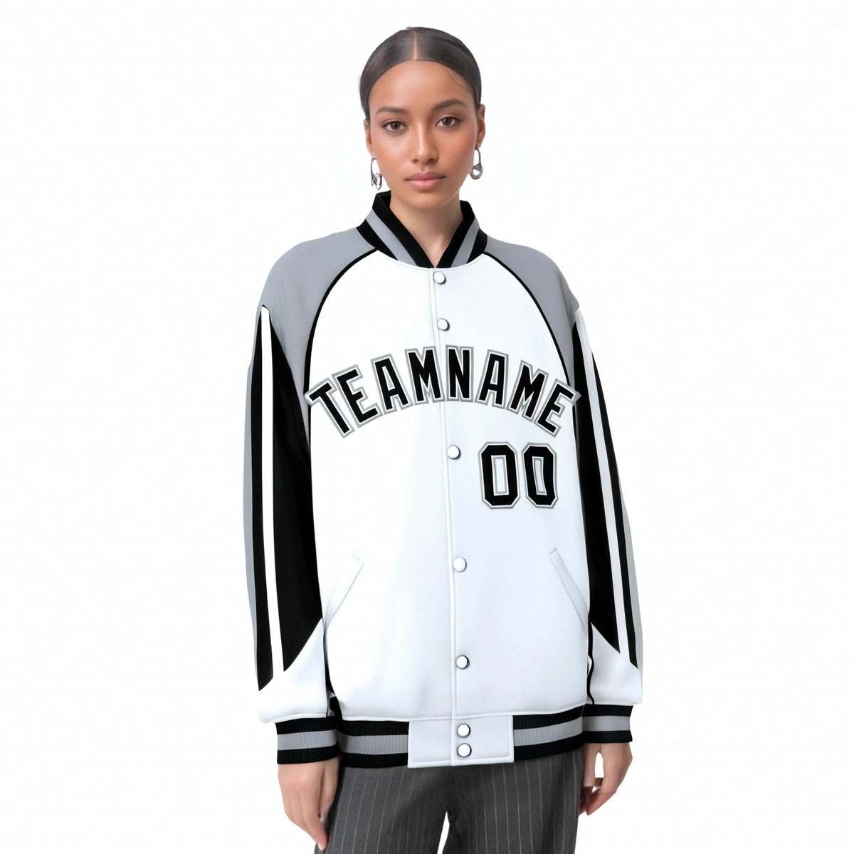 Custom White Gray-Black Raglan Sleeves Varsity Letterman Two Tone Jacket