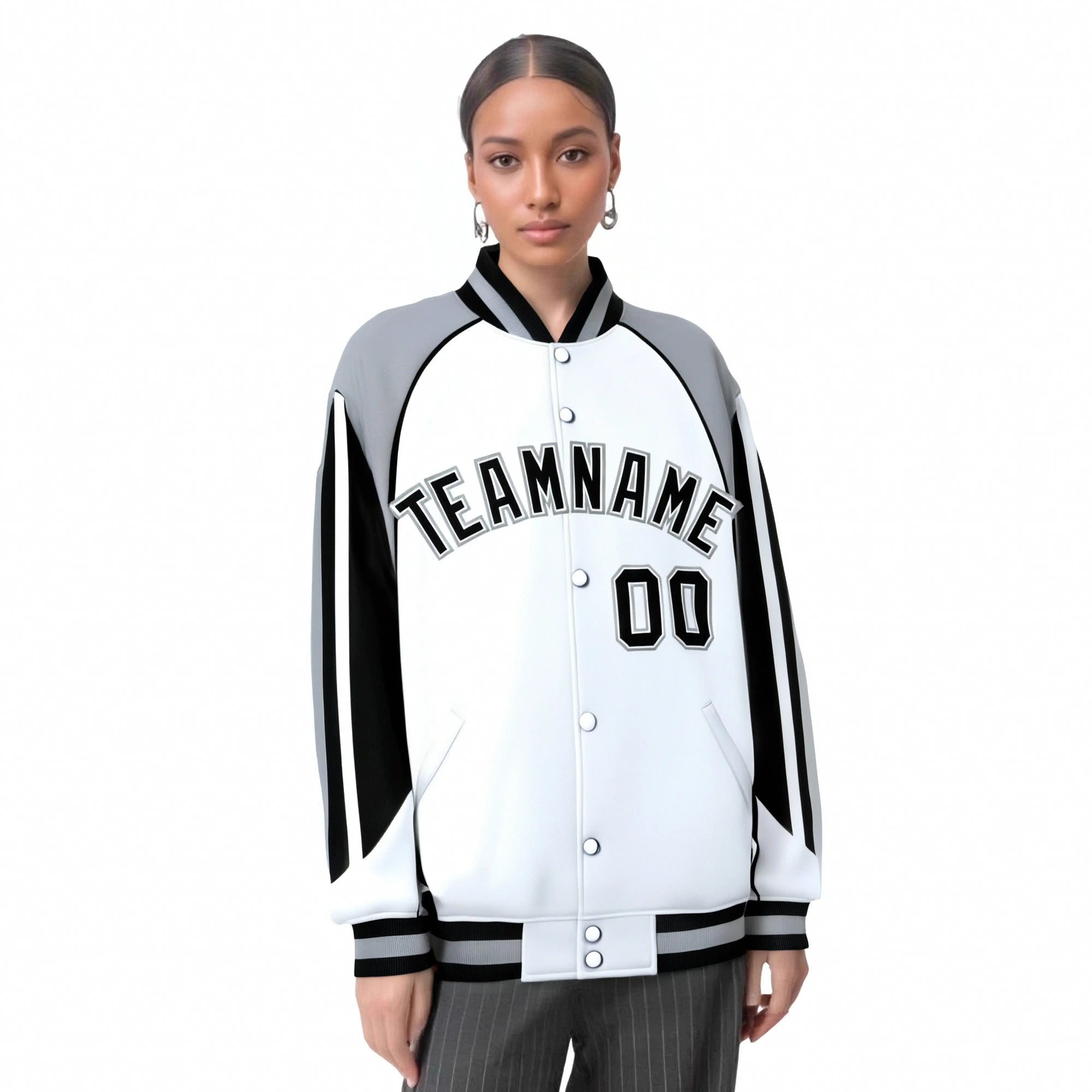 Custom White Gray-Black Raglan Sleeves Varsity Letterman Two Tone Jacket