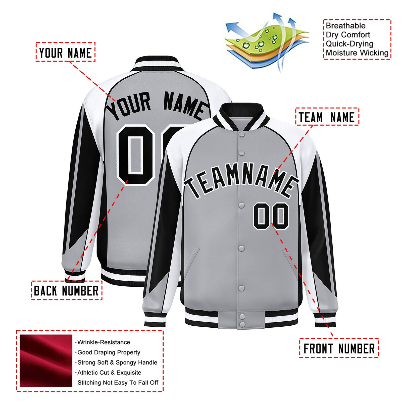 Custom Gray White-Black Raglan Sleeves Varsity Letterman Two Tone Jacket