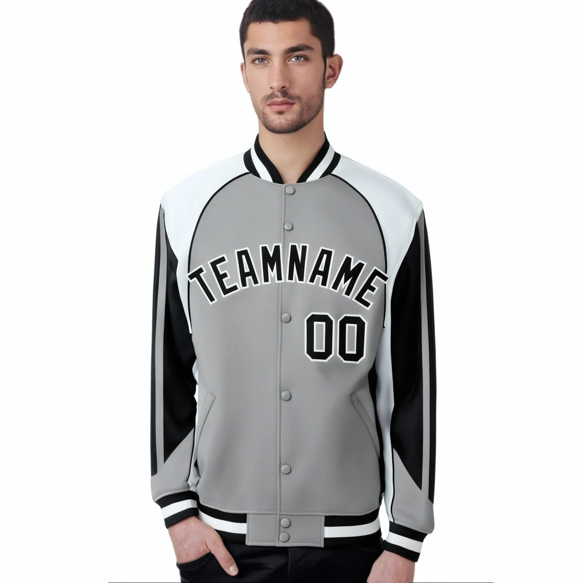 Custom Gray White-Black Raglan Sleeves Varsity Letterman Two Tone Jacket