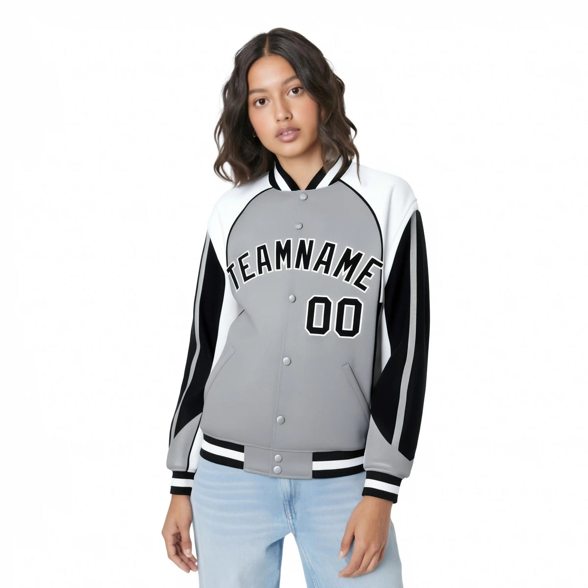 Custom Gray White-Black Raglan Sleeves Varsity Letterman Two Tone Jacket