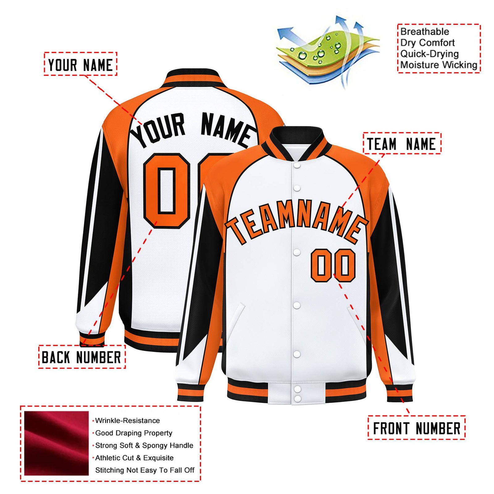Custom White Orange-Black Raglan Sleeves Varsity Letterman Two Tone Jacket