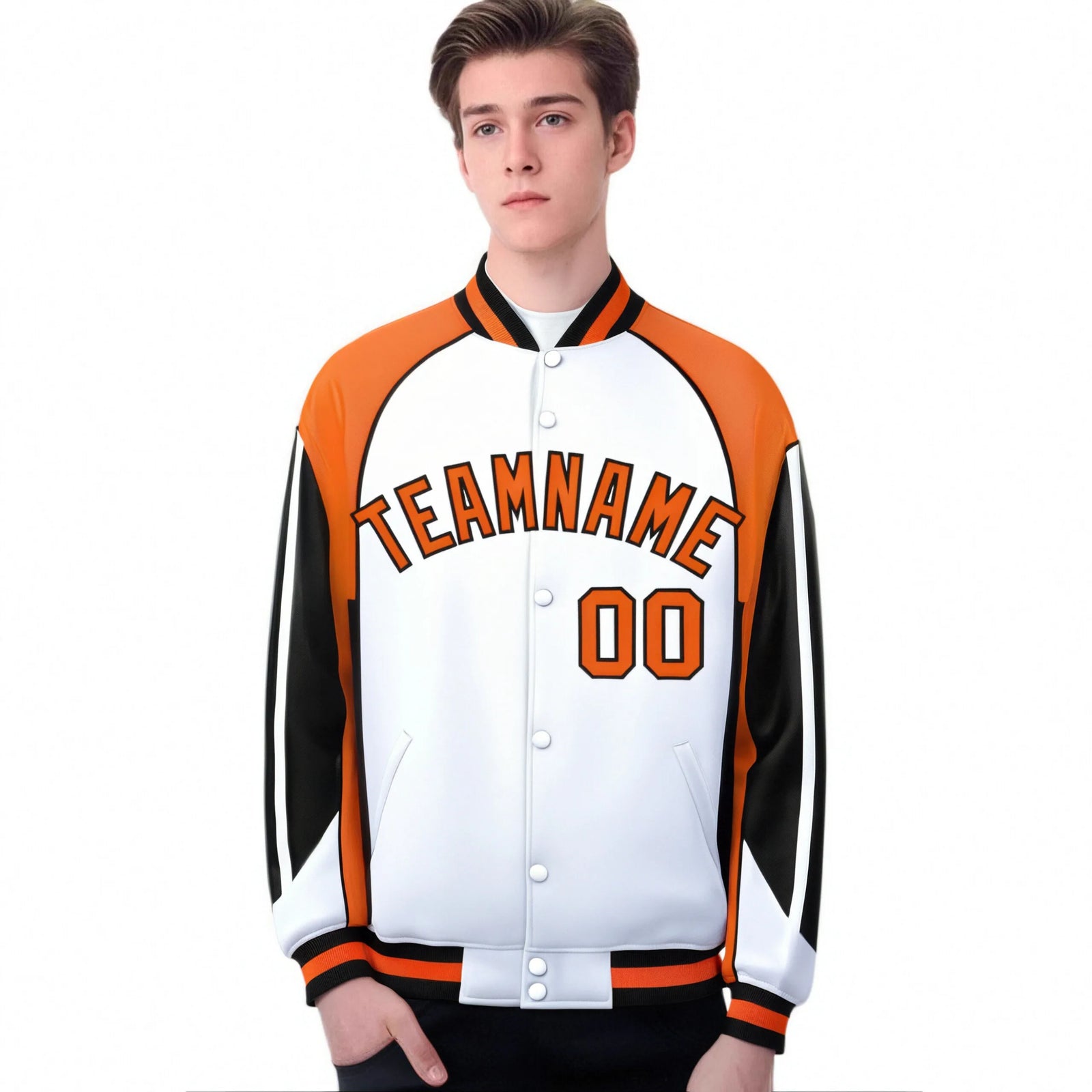 Custom White Orange-Black Raglan Sleeves Varsity Letterman Two Tone Jacket