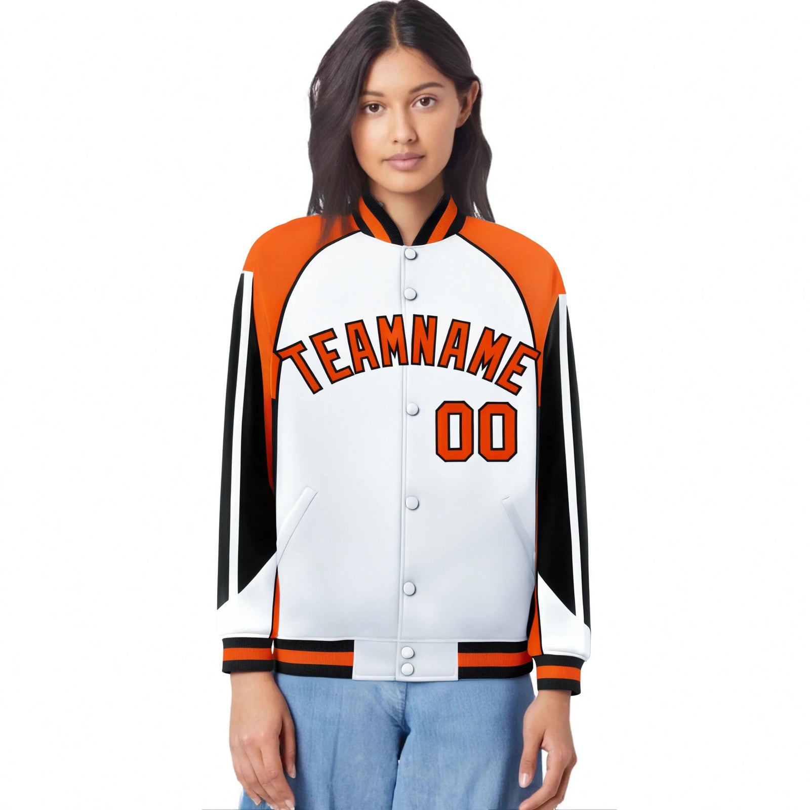 Custom White Orange-Black Raglan Sleeves Varsity Letterman Two Tone Jacket