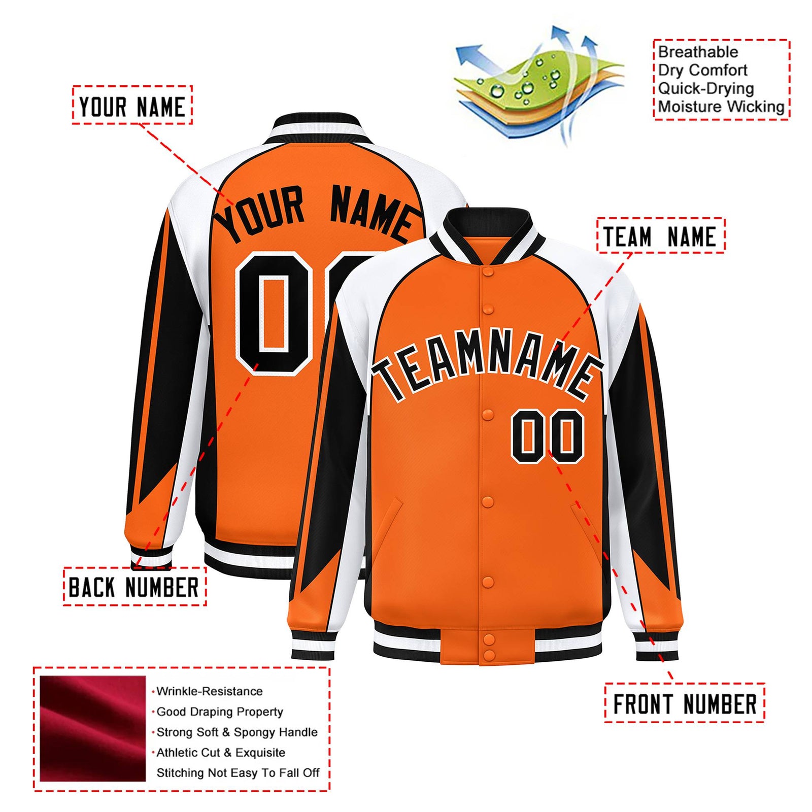 Custom Orange White-Black Raglan Sleeves Varsity Letterman Two Tone Jacket