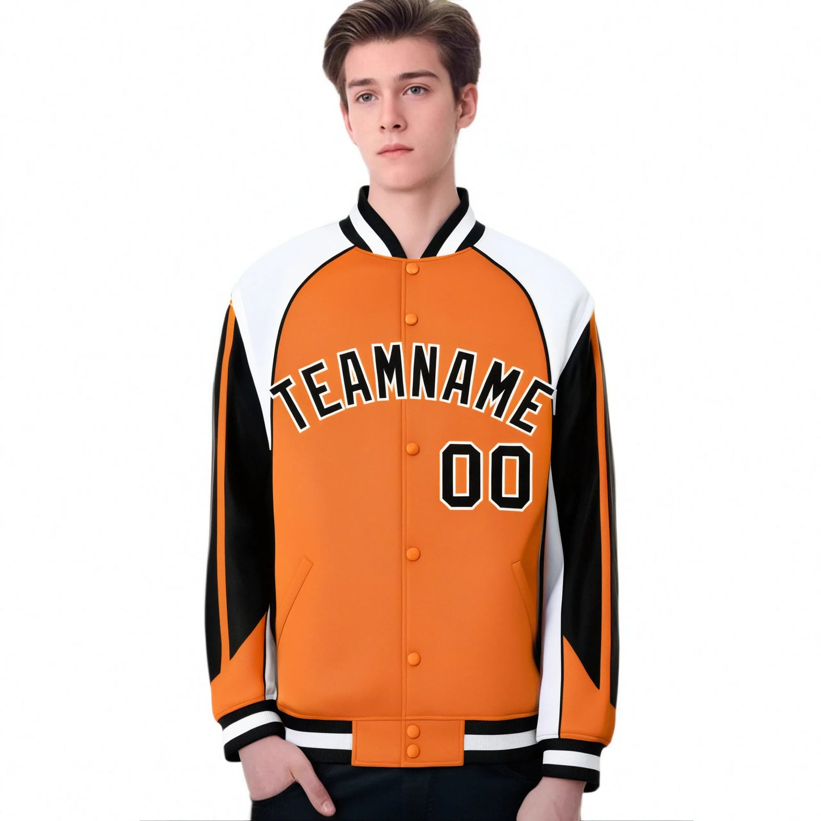 Custom Orange White-Black Raglan Sleeves Varsity Letterman Two Tone Jacket