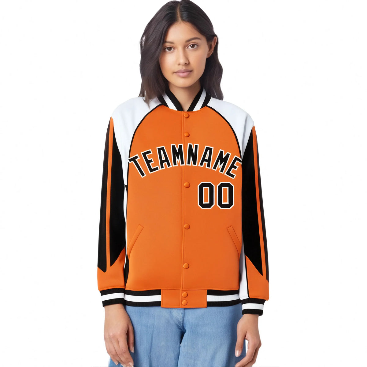 Custom Orange White-Black Raglan Sleeves Varsity Letterman Two Tone Jacket