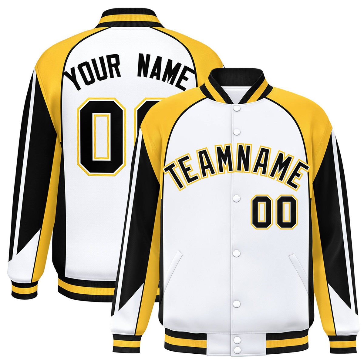 Custom White Yellow-Black Raglan Sleeves Varsity Letterman Two Tone Jacket