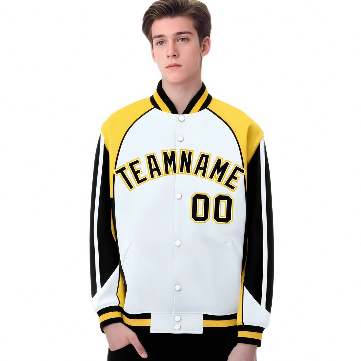 Custom White Yellow-Black Raglan Sleeves Varsity Letterman Two Tone Jacket