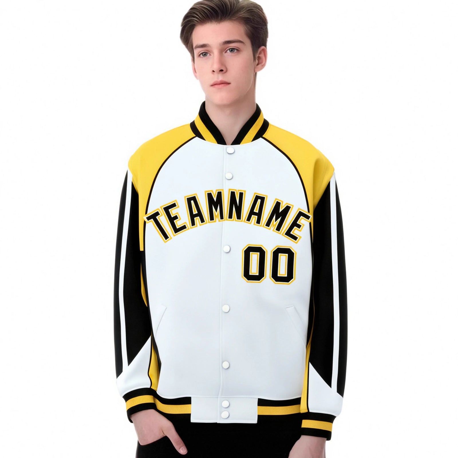 Custom White Yellow-Black Raglan Sleeves Varsity Letterman Two Tone Jacket