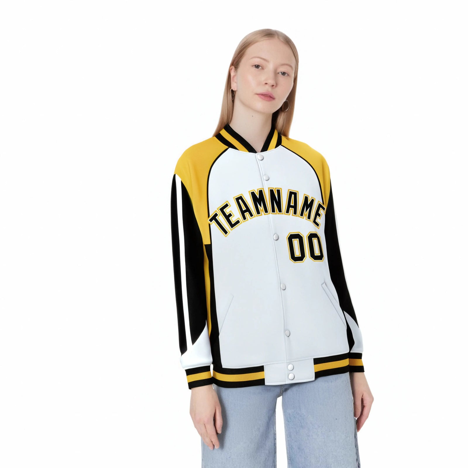 Custom White Yellow-Black Raglan Sleeves Varsity Letterman Two Tone Jacket