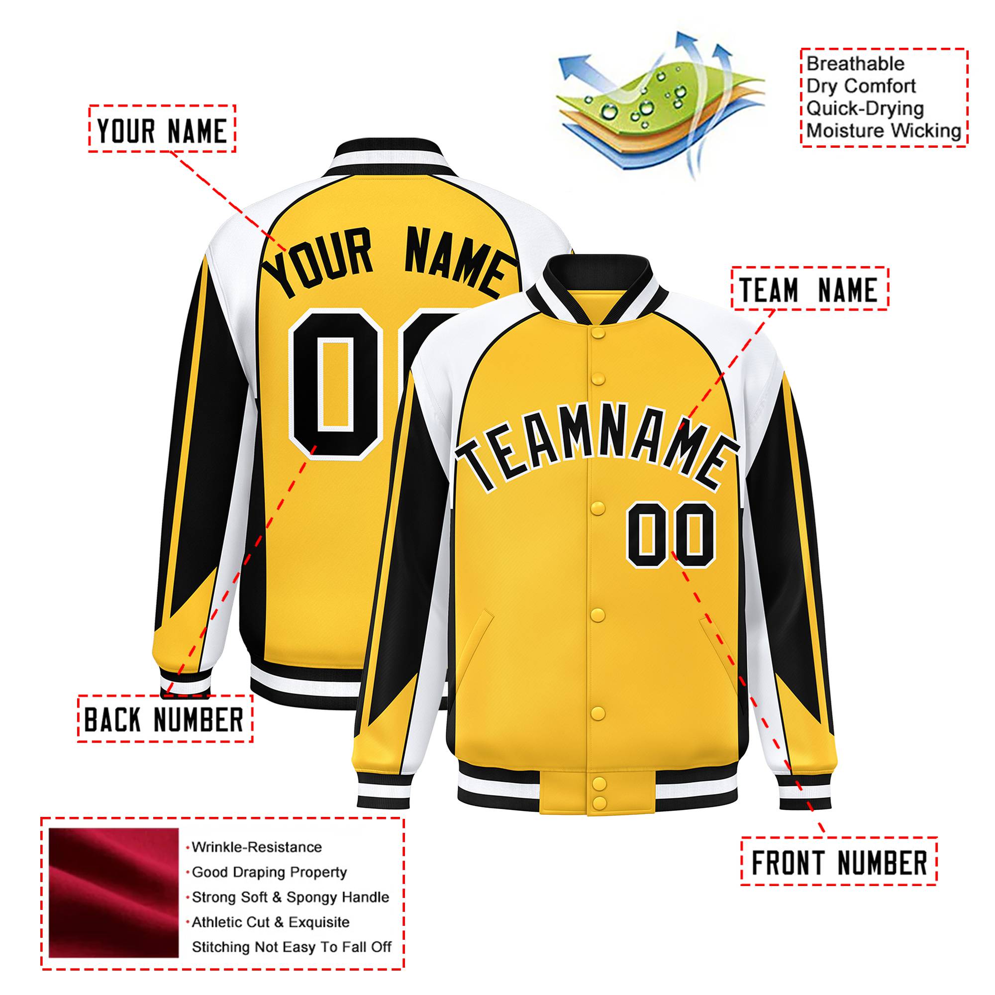 Custom Yellow White-Black Raglan Sleeves Varsity Letterman Two Tone Jacket