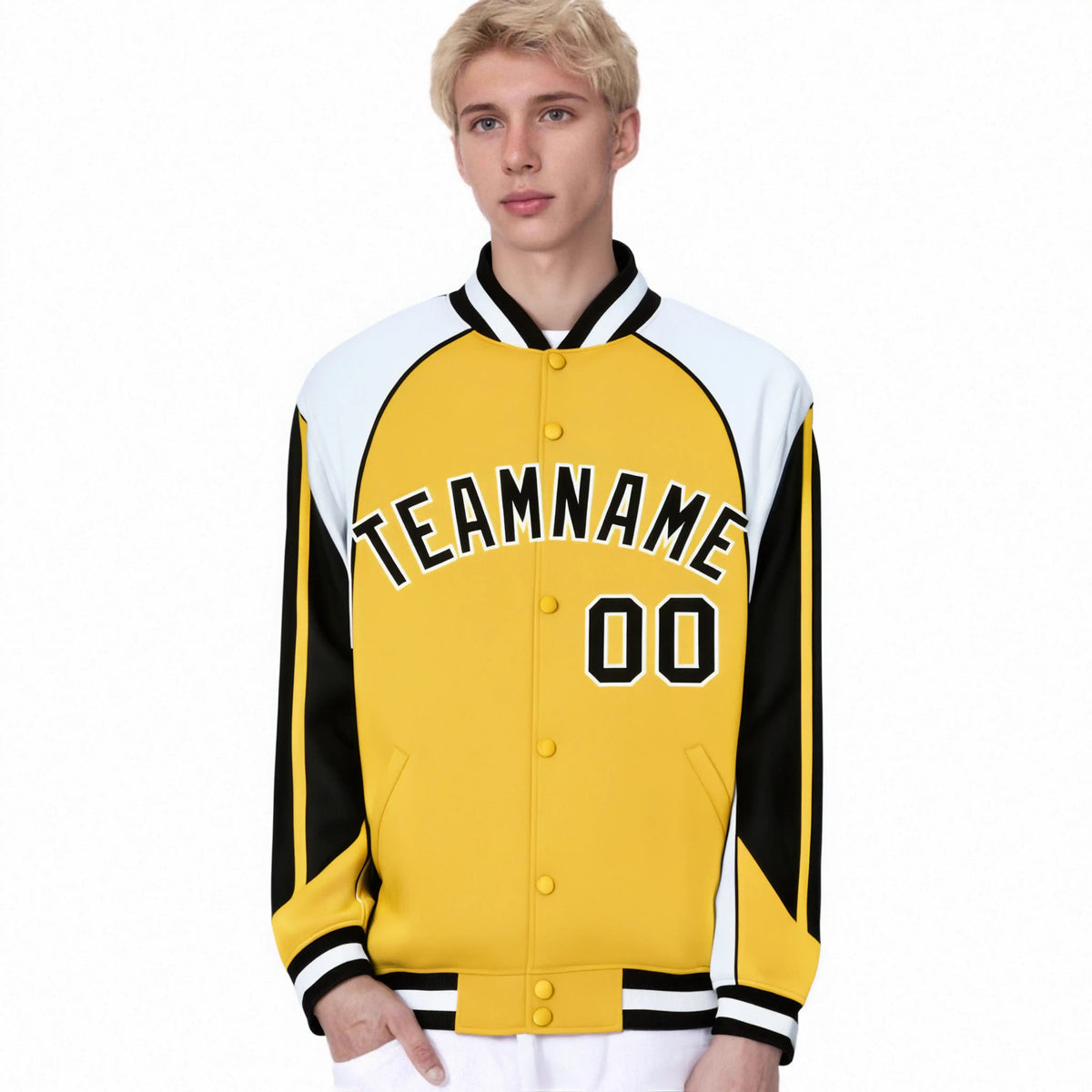 Custom Yellow White-Black Raglan Sleeves Varsity Letterman Two Tone Jacket