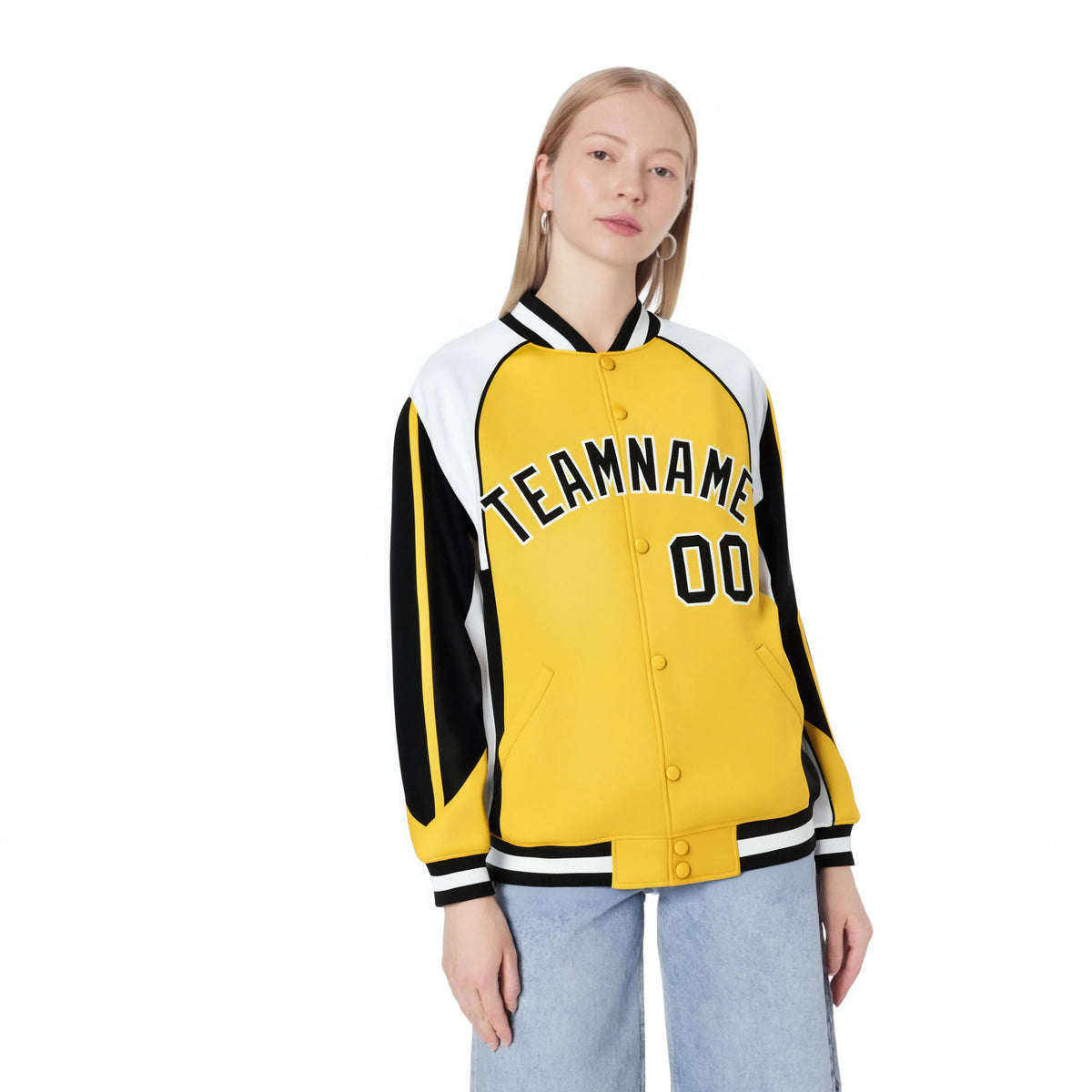 Custom Yellow White-Black Raglan Sleeves Varsity Letterman Two Tone Jacket