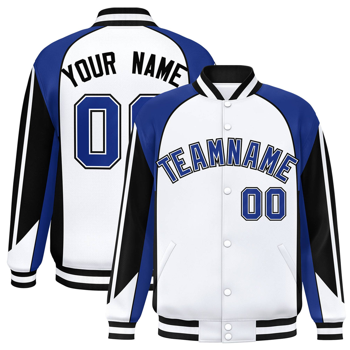 Custom White Blue-Black Raglan Sleeves Varsity Letterman Two Tone Jacket