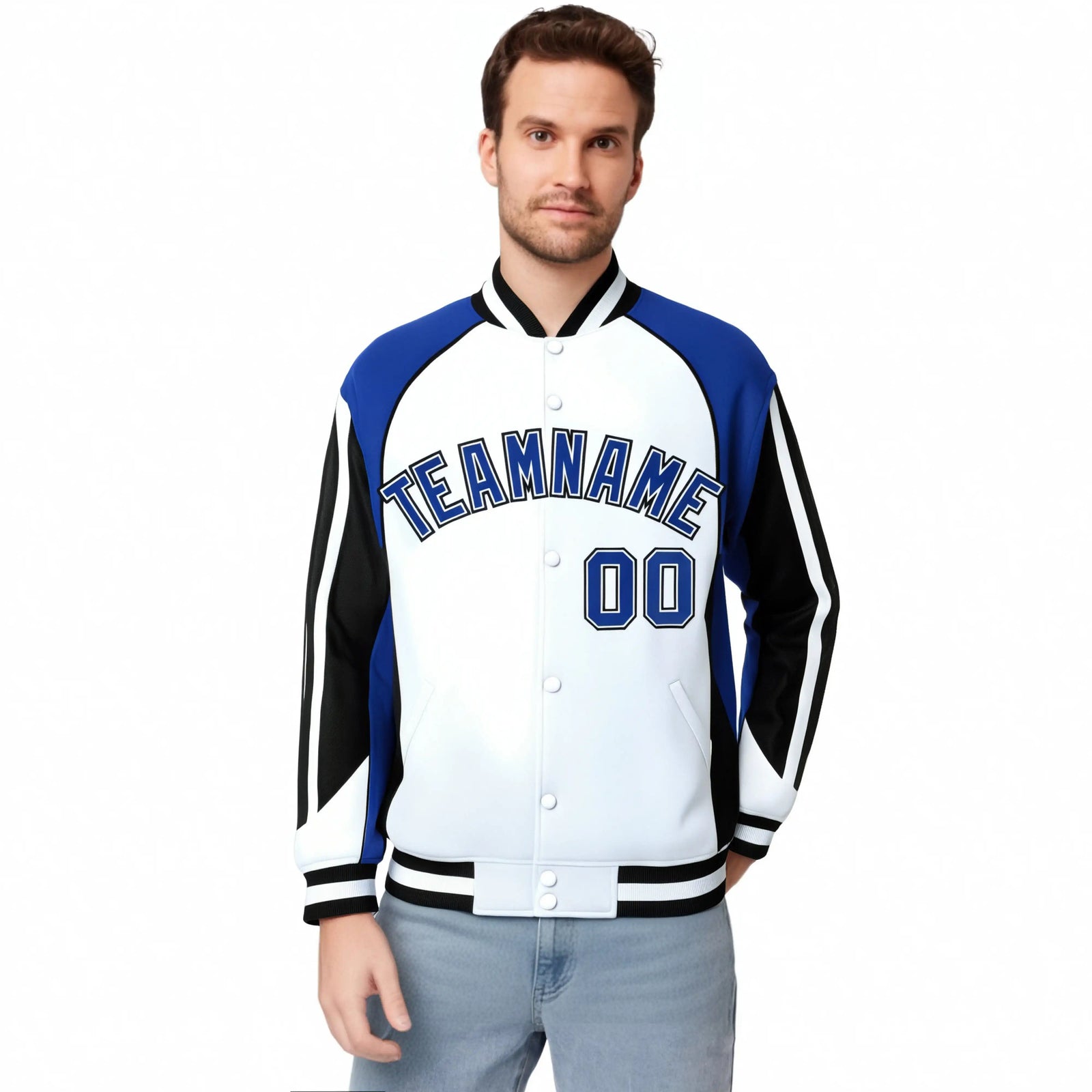 Custom White Blue-Black Raglan Sleeves Varsity Letterman Two Tone Jacket