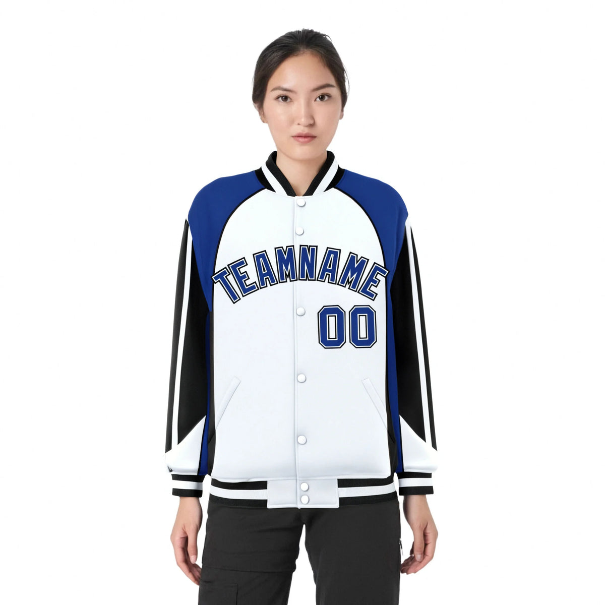 Custom White Blue-Black Raglan Sleeves Varsity Letterman Two Tone Jacket