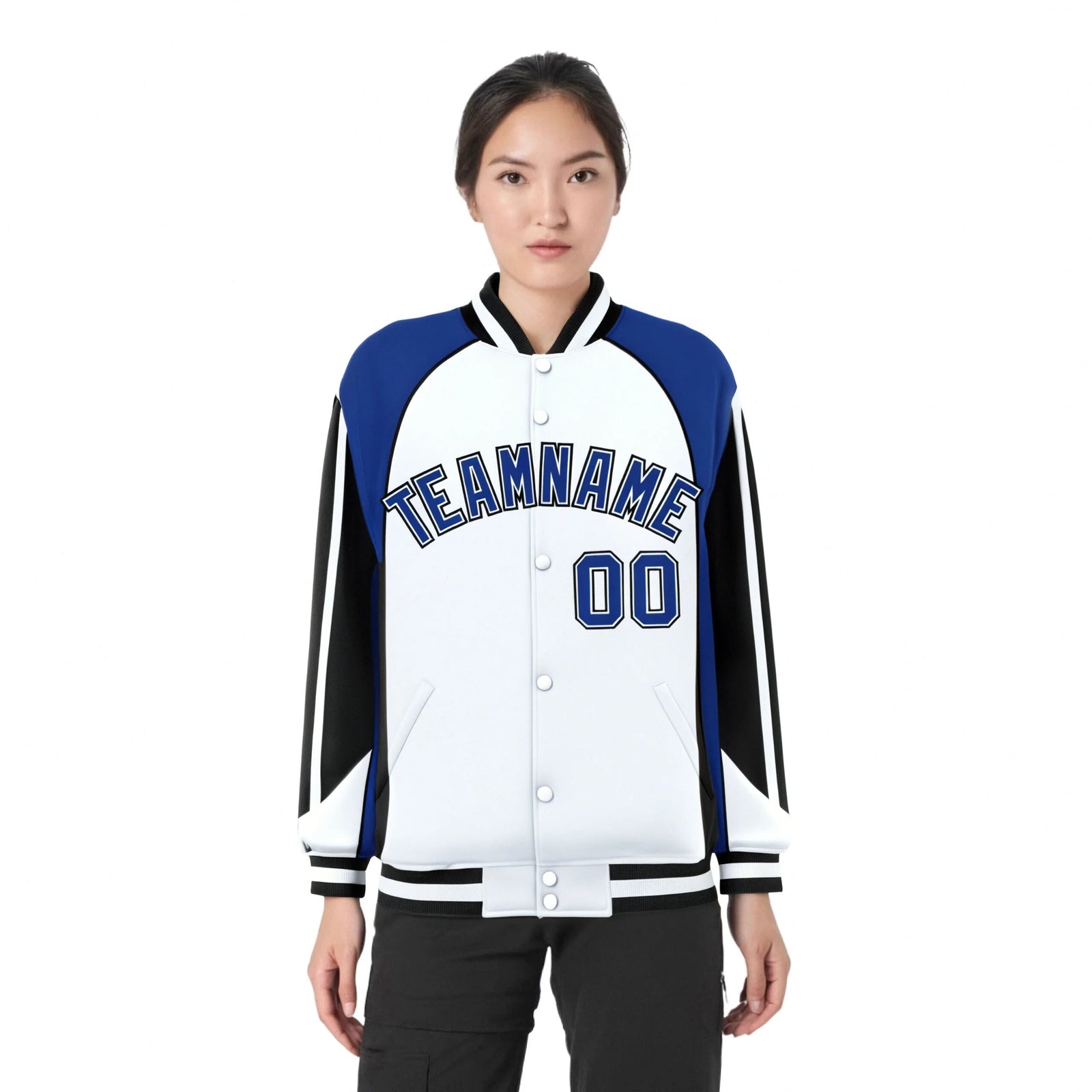 Custom White Blue-Black Raglan Sleeves Varsity Letterman Two Tone Jacket