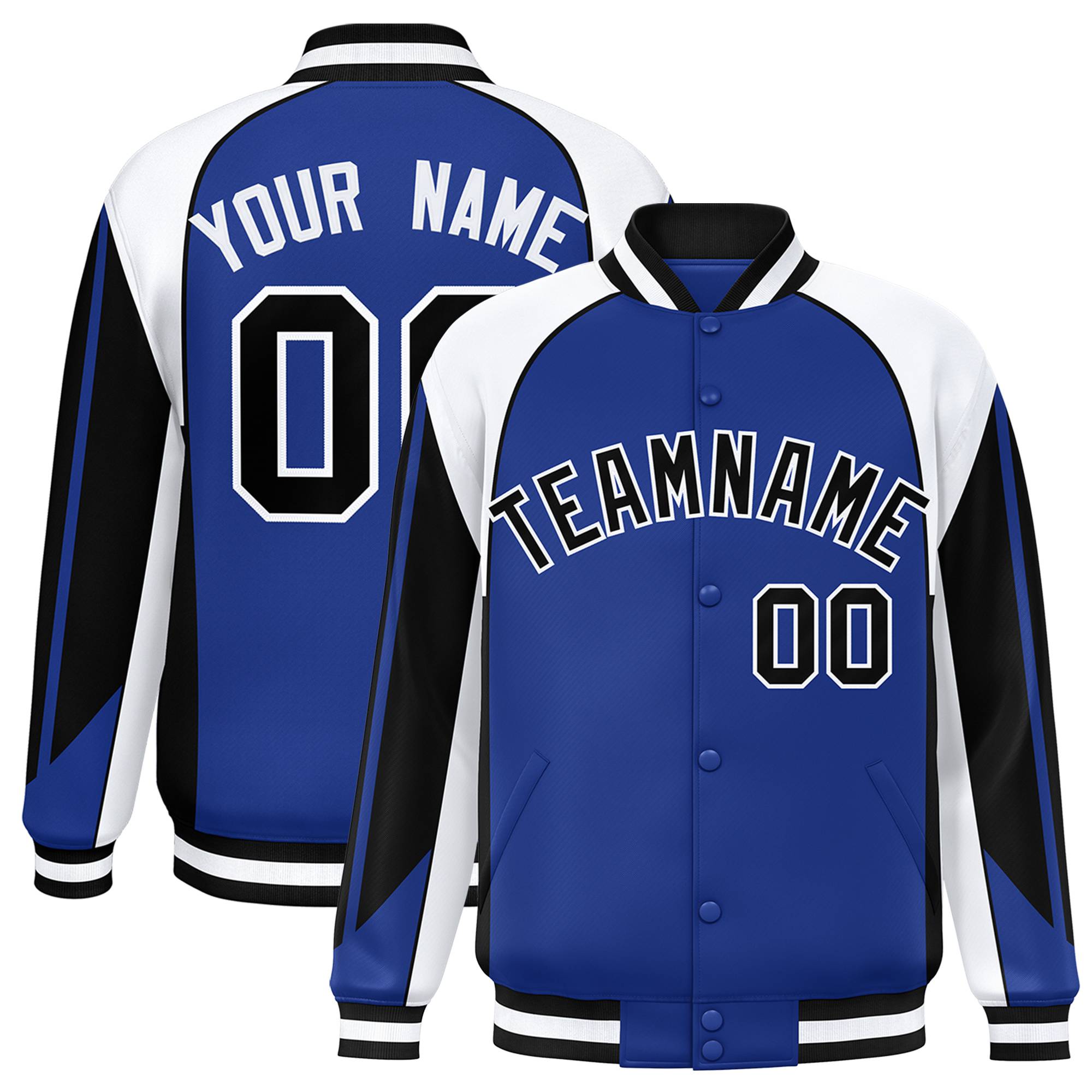 Custom Blue White-Black Raglan Sleeves Varsity Letterman Two Tone Jacket