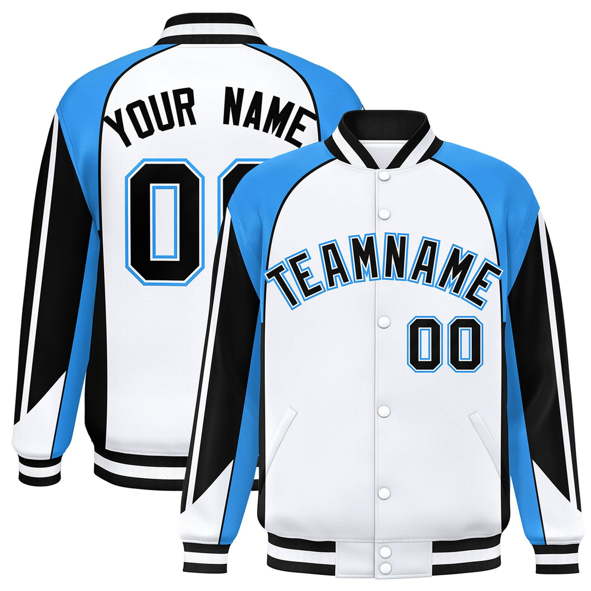 Custom White Blue-Black Raglan Sleeves Varsity Letterman Two Tone Jacket