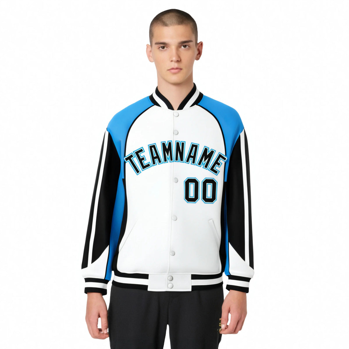Custom White Blue-Black Raglan Sleeves Varsity Letterman Two Tone Jacket