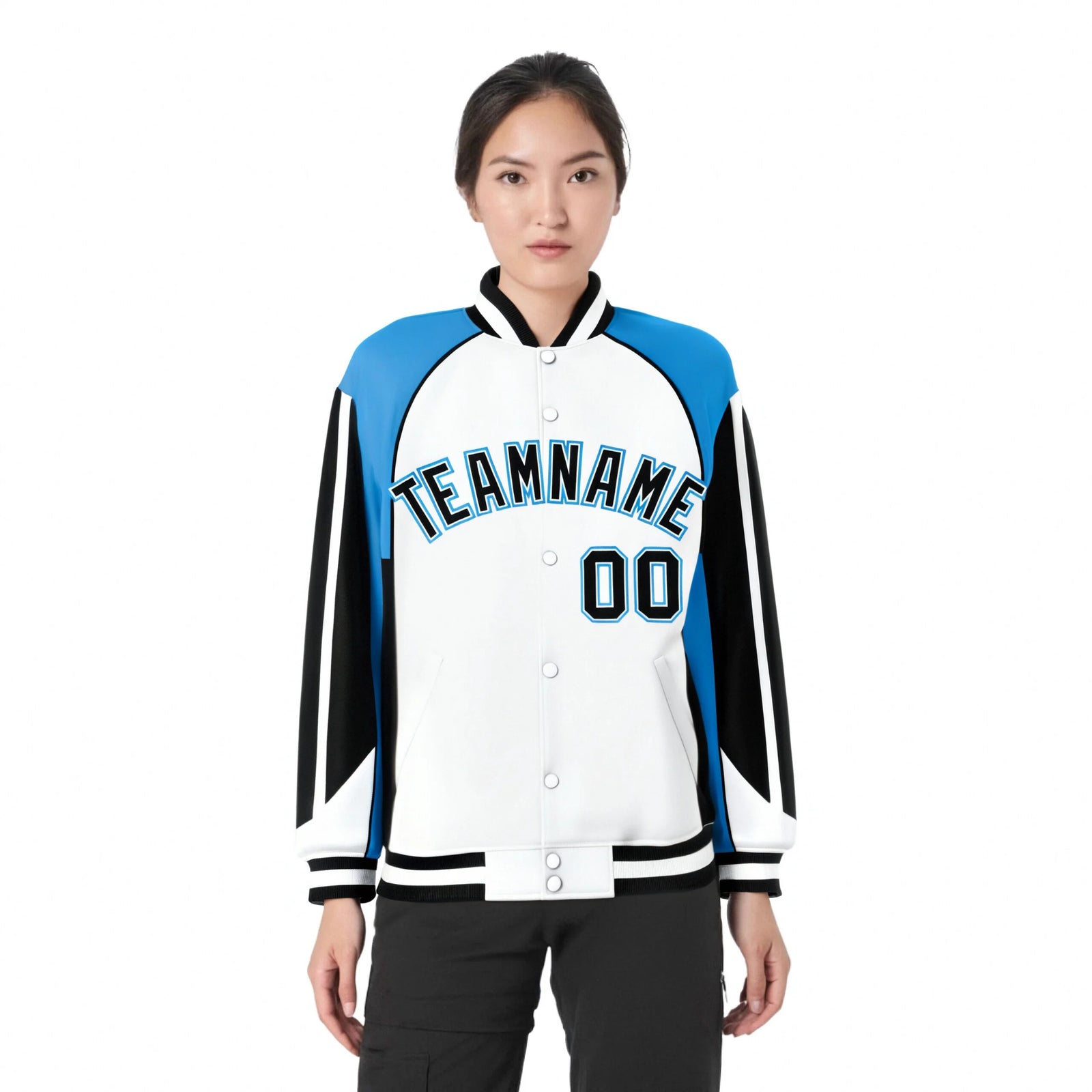 Custom White Blue-Black Raglan Sleeves Varsity Letterman Two Tone Jacket