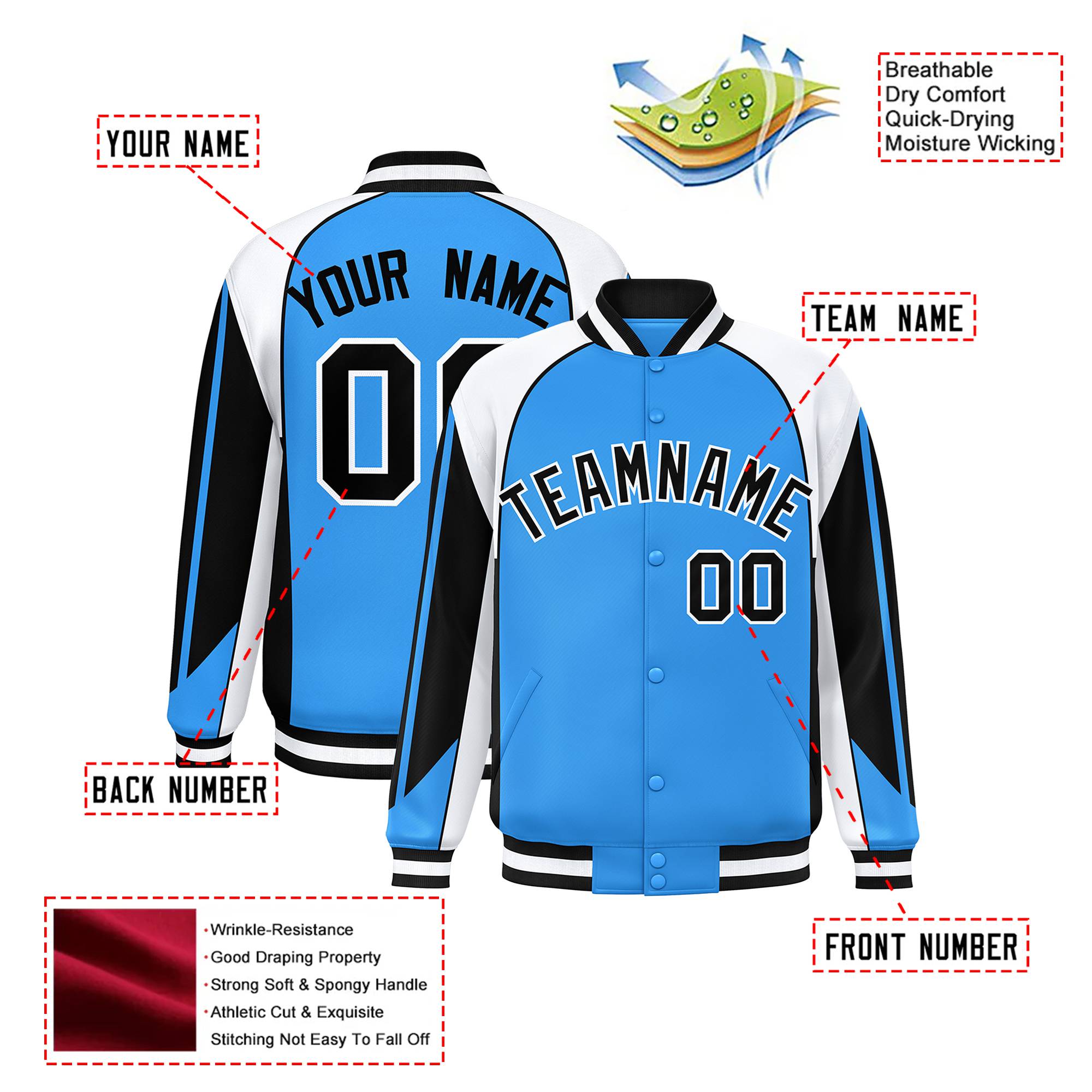 Custom Sky-Blue White-Black Raglan Sleeves Varsity Letterman Two Tone Jacket