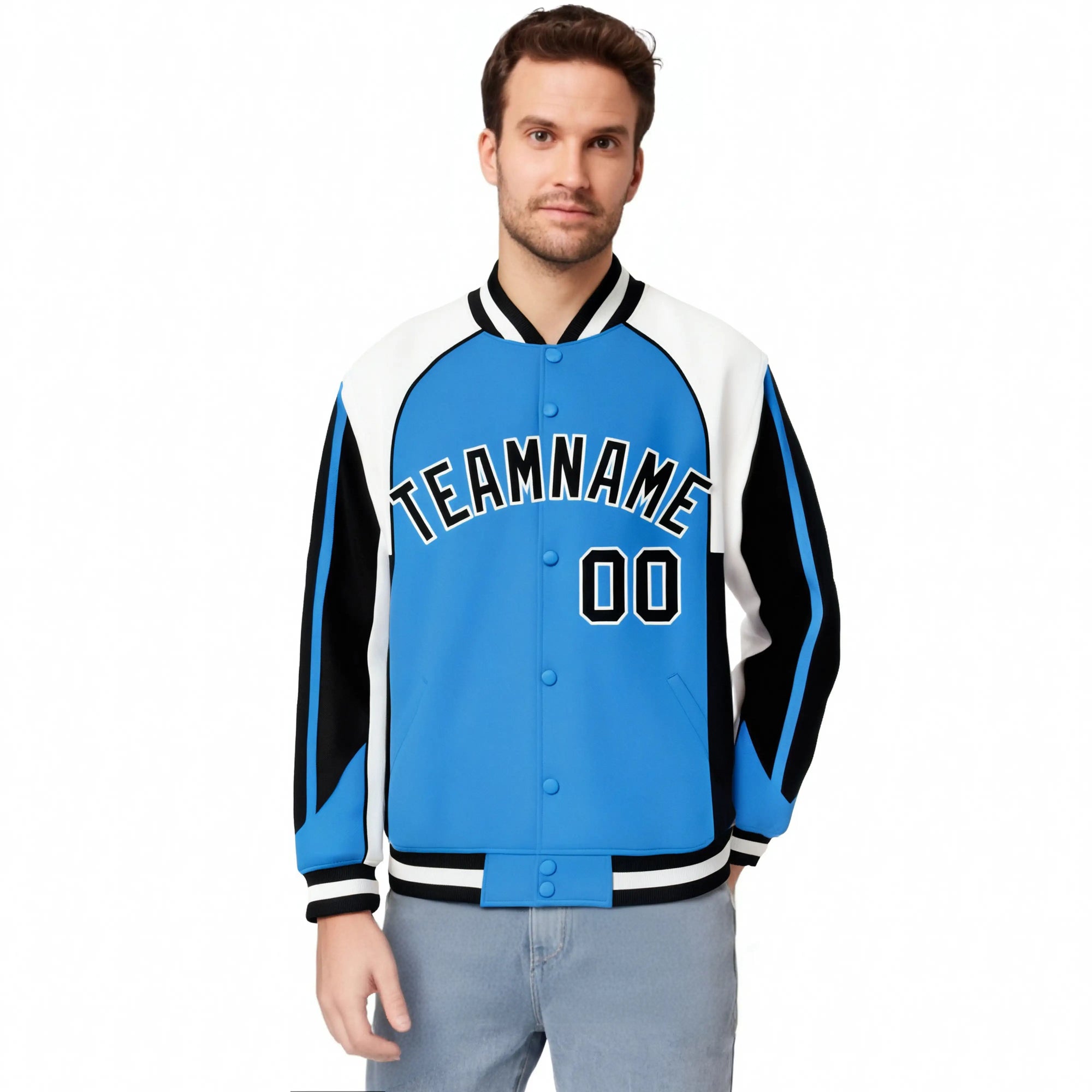 Custom Sky-Blue White-Black Raglan Sleeves Varsity Letterman Two Tone Jacket