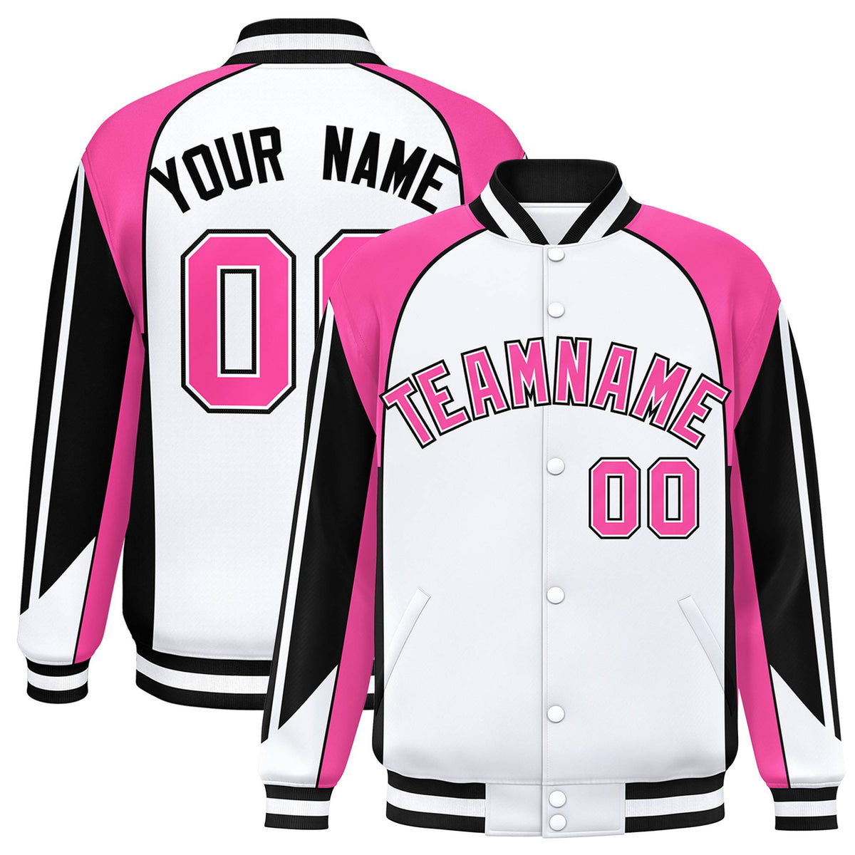Custom White Pink-Black Raglan Sleeves Varsity Letterman Two Tone Jacket