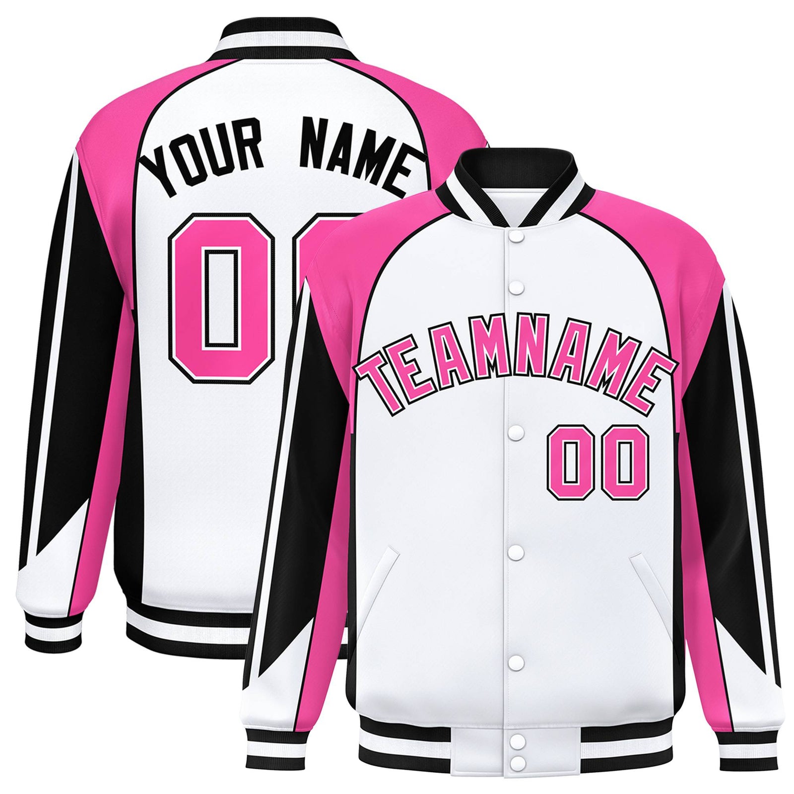 Custom White Pink-Black Raglan Sleeves Varsity Letterman Two Tone Jacket