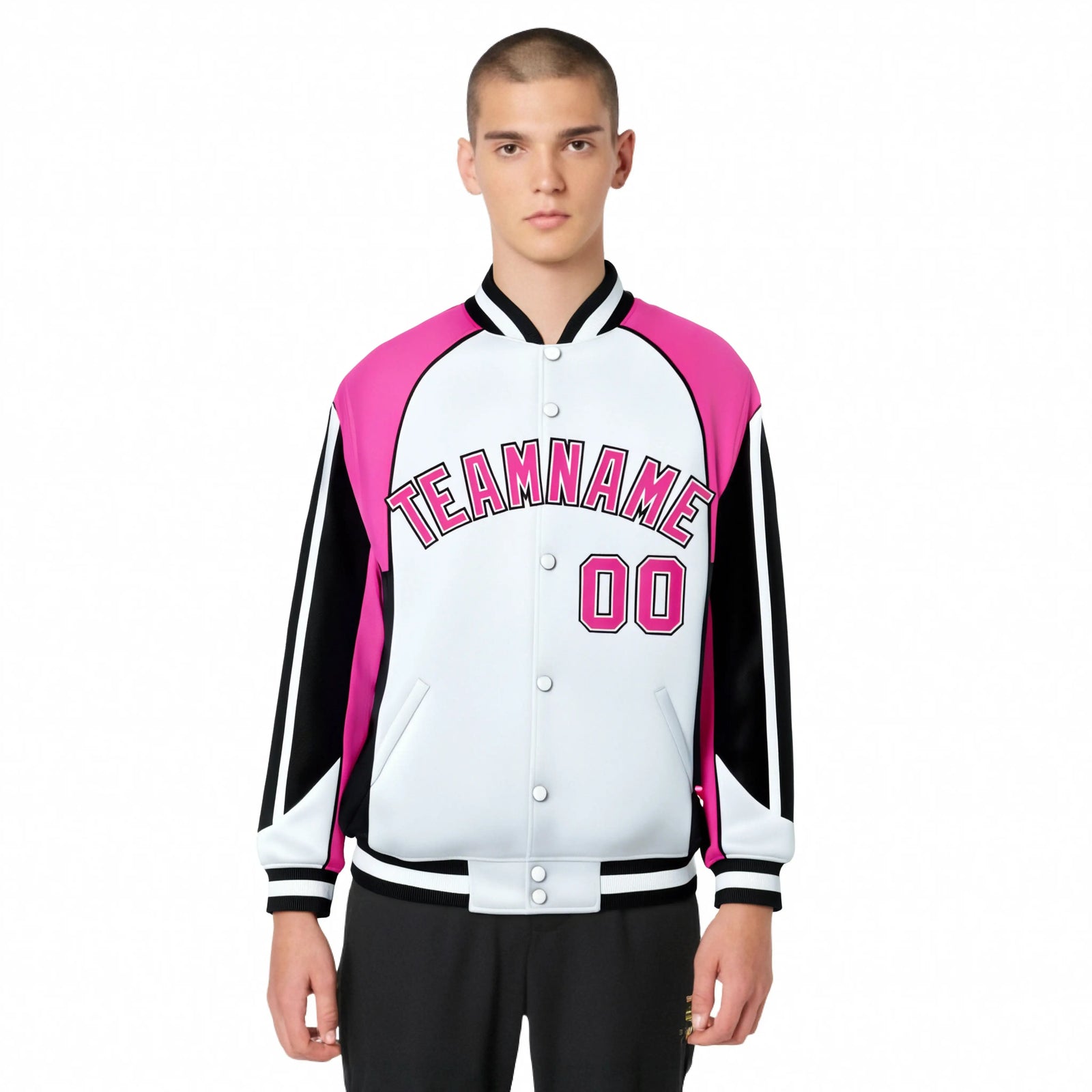 Custom White Pink-Black Raglan Sleeves Varsity Letterman Two Tone Jacket