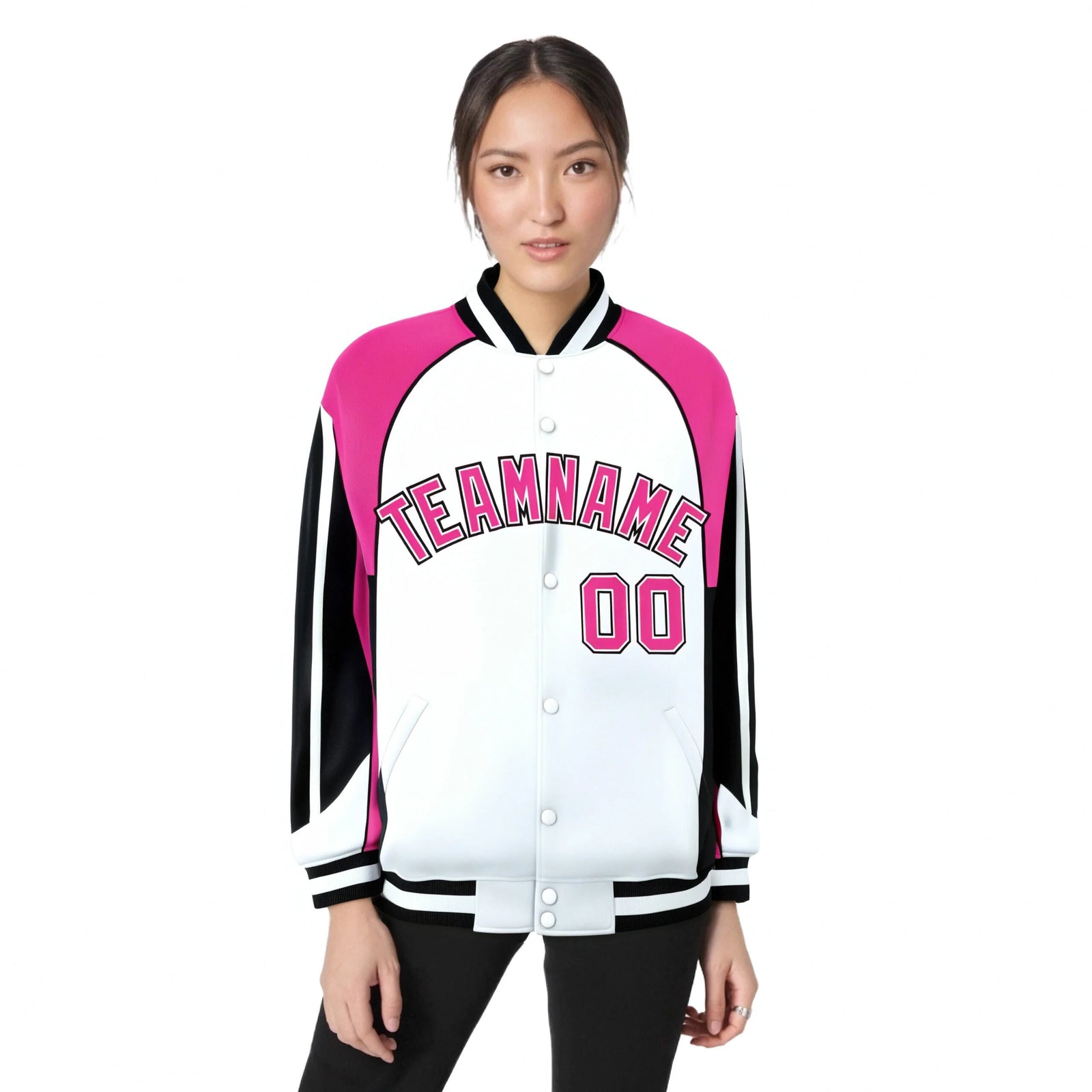 Custom White Pink-Black Raglan Sleeves Varsity Letterman Jacket