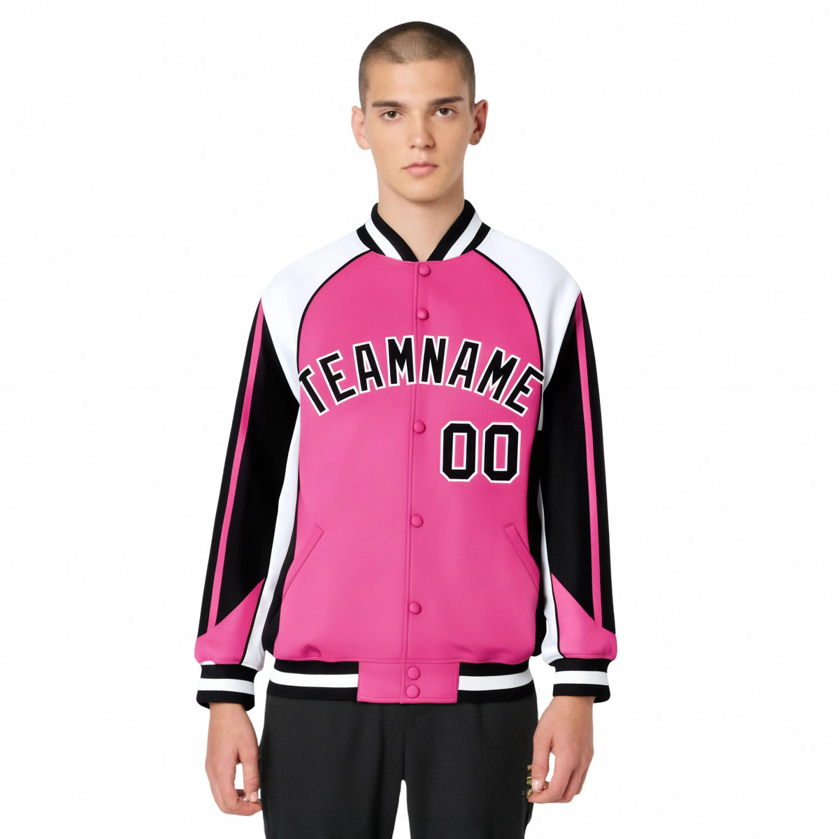 Custom Pink White-Black Raglan Sleeves Varsity Letterman Two Tone Jacket