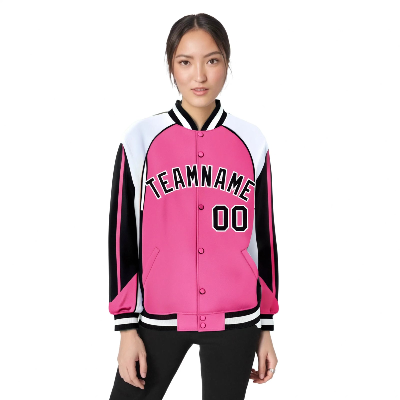 Custom Pink White-Black Raglan Sleeves Varsity Letterman Two Tone Jacket