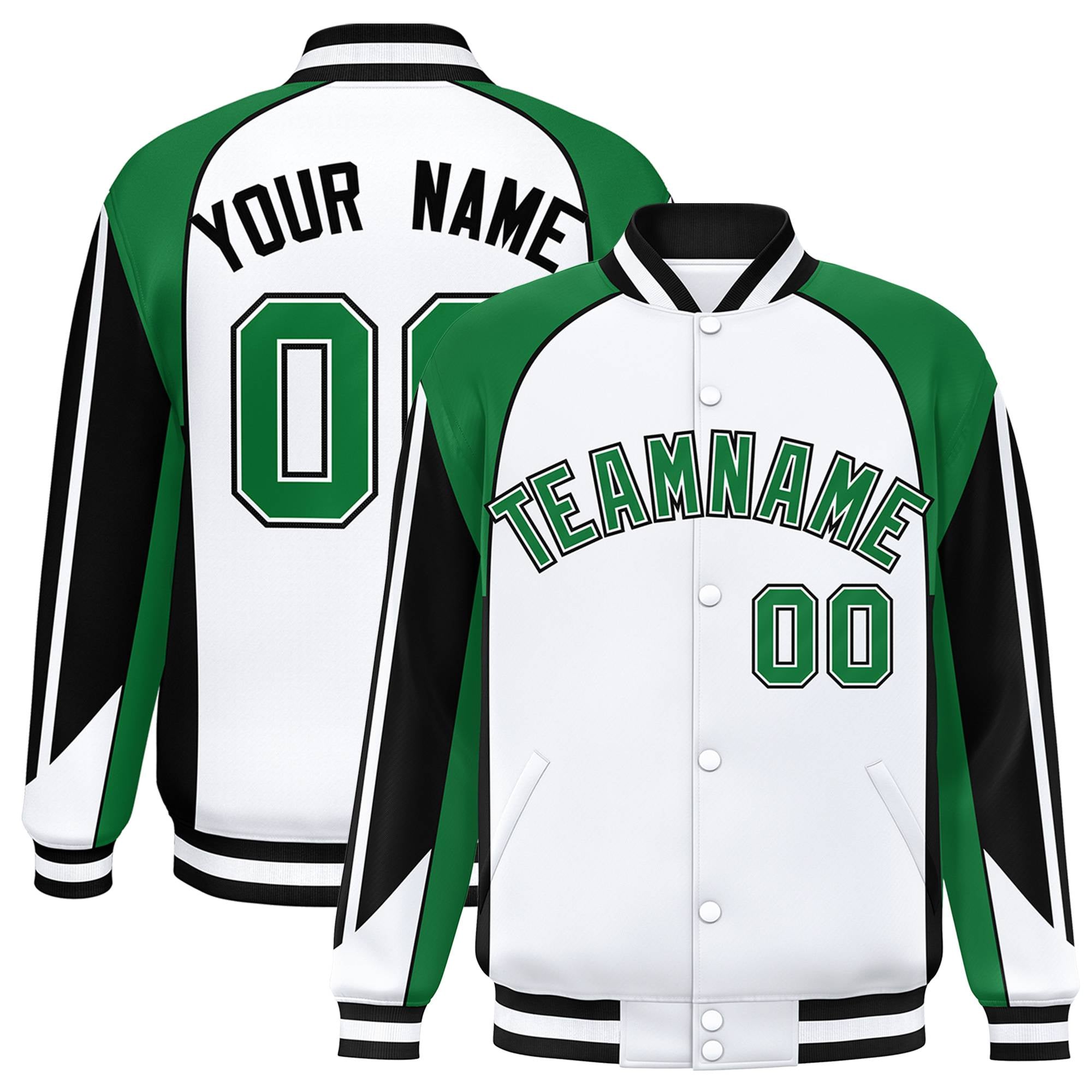 Custom White Green-Black Raglan Sleeves Varsity Letterman Two Tone Jacket