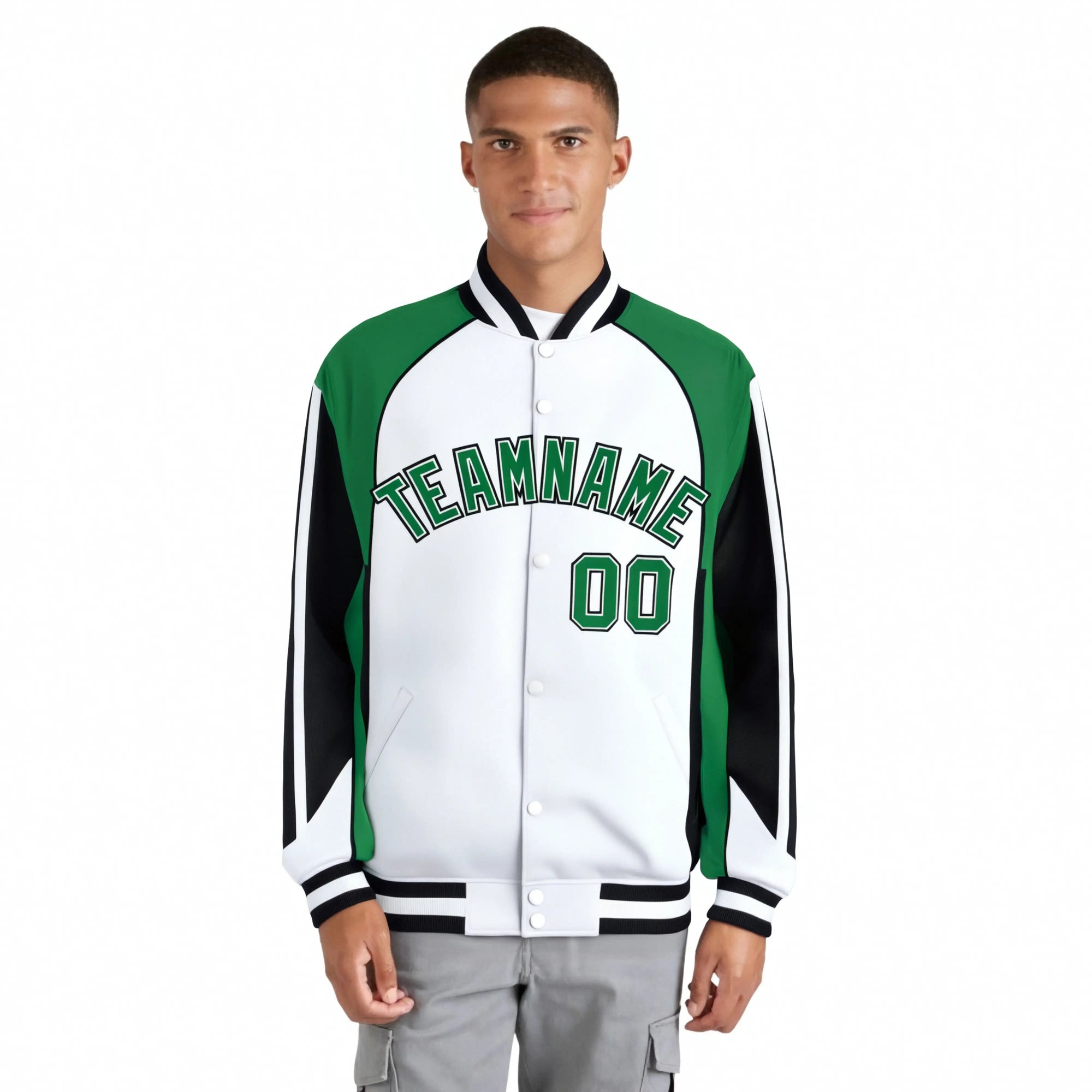 Custom White Green-Black Raglan Sleeves Varsity Letterman Two Tone Jacket