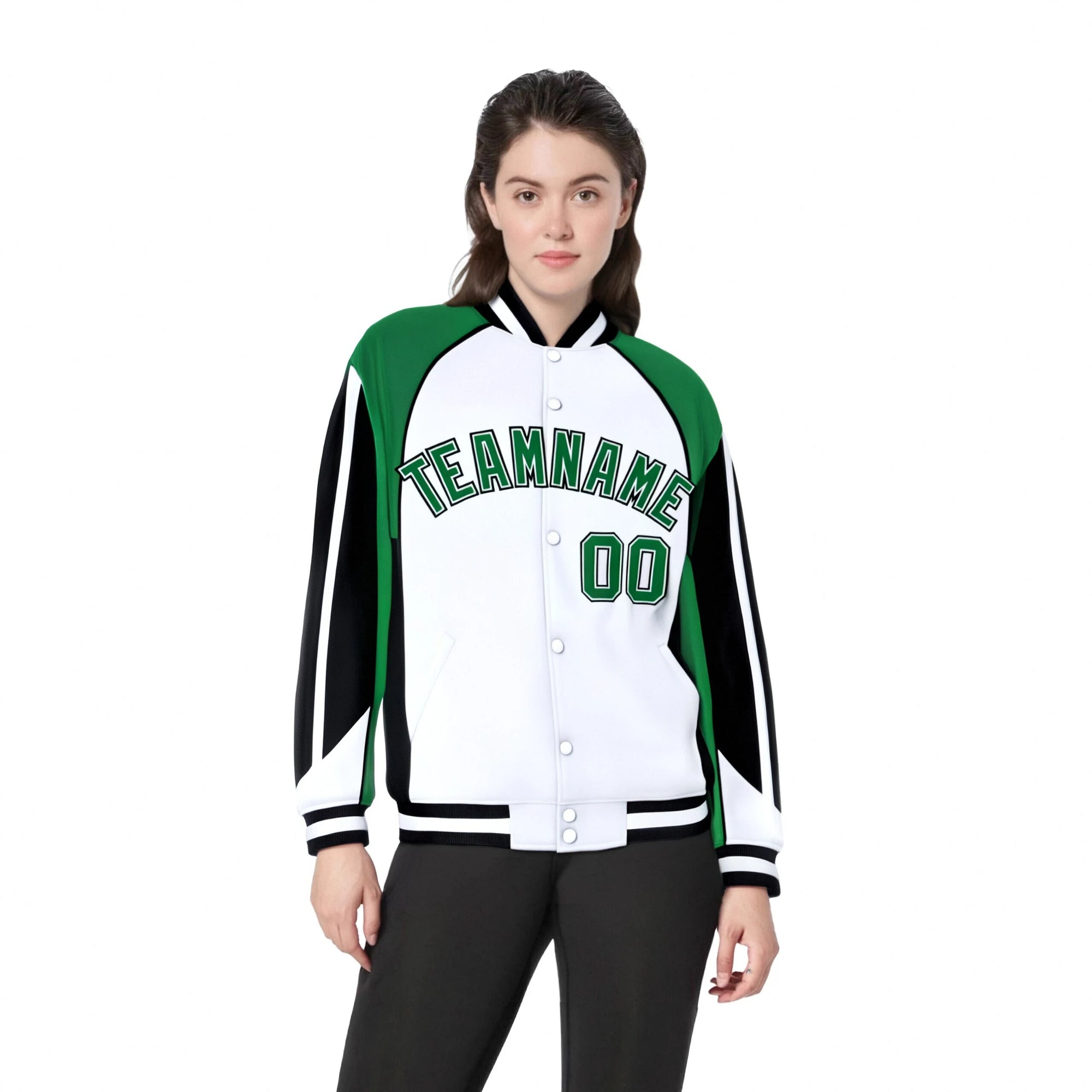 Custom White Green-Black Raglan Sleeves Varsity Letterman Two Tone Jacket