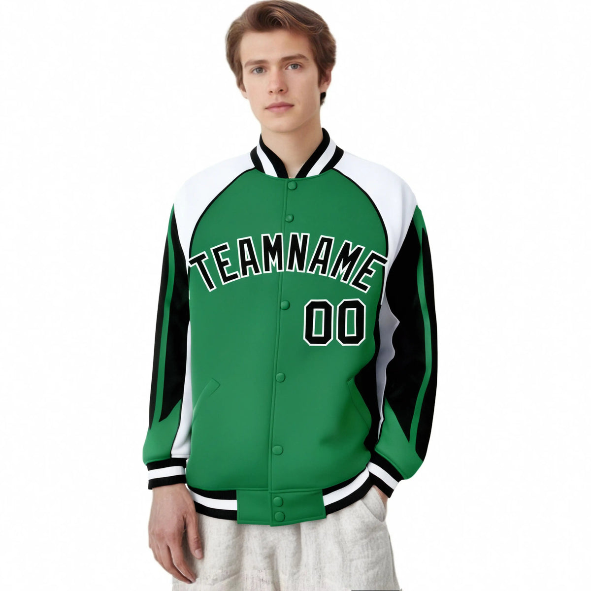 Custom Green White-Black Raglan Sleeves Varsity Letterman Two Tone Jacket