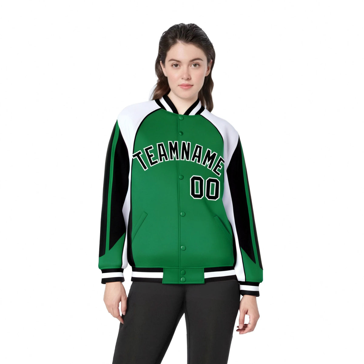 Custom Green White-Black Raglan Sleeves Varsity Letterman Two Tone Jacket