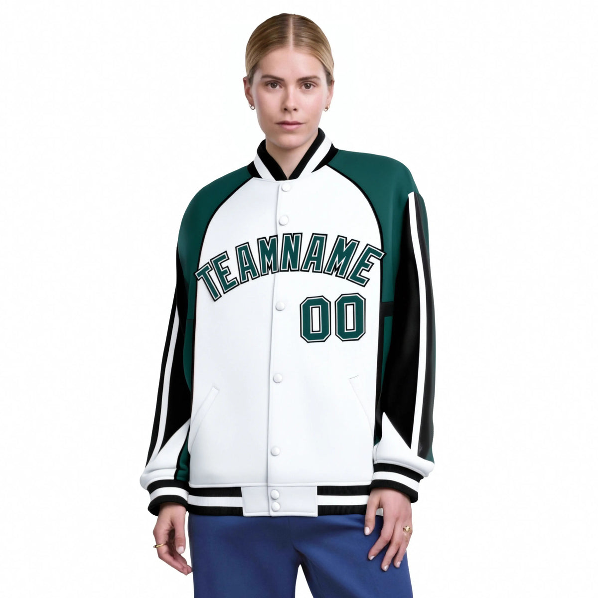 Custom White Midnight-Green Black Raglan Sleeves Varsity Letterman Two Tone Jacket