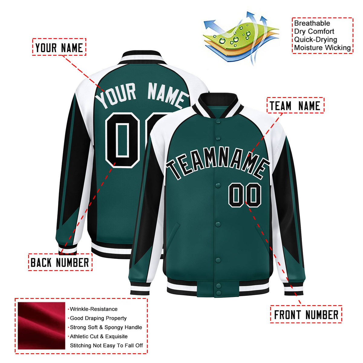 Custom Midnight-Green White-Black Raglan Sleeves Varsity Letterman Two Tone Jacket