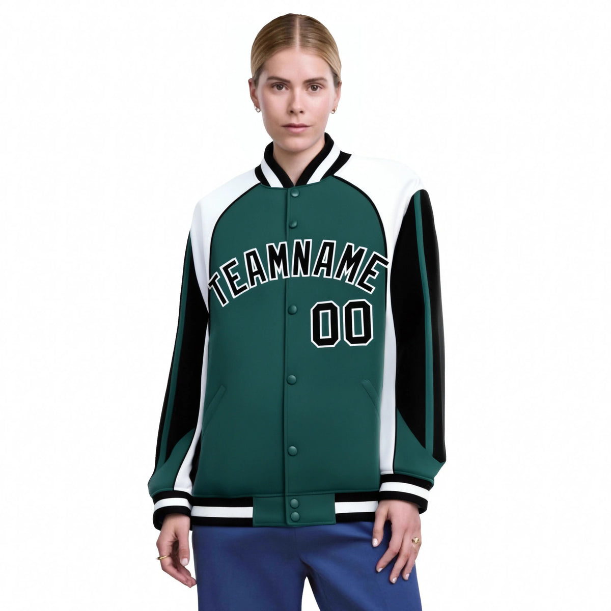 Custom Midnight-Green White-Black Raglan Sleeves Varsity Letterman Two Tone Jacket