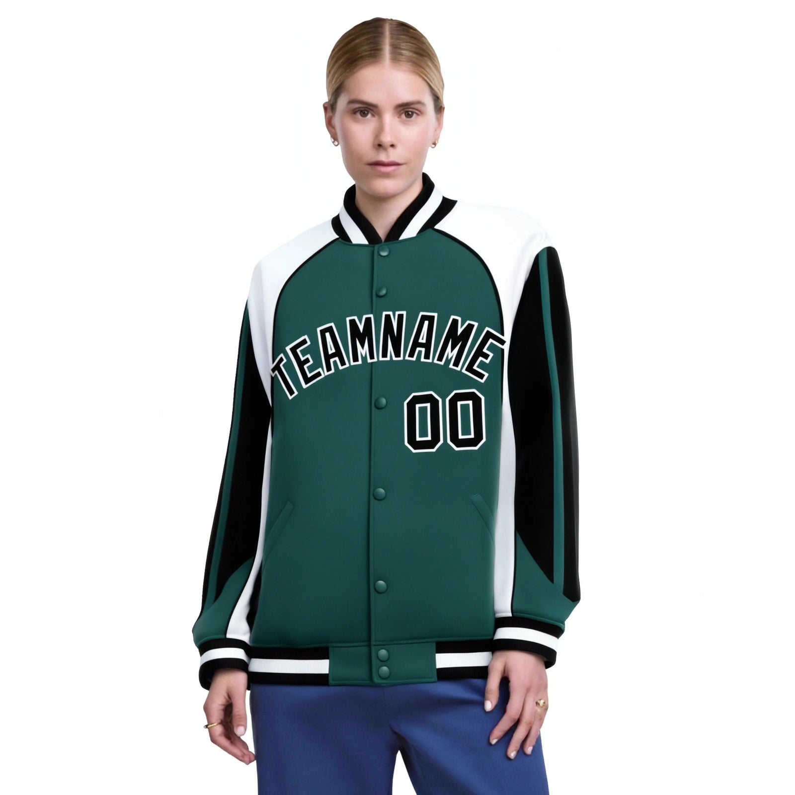 Custom Midnight-Green White-Black Raglan Sleeves Varsity Letterman Two Tone Jacket