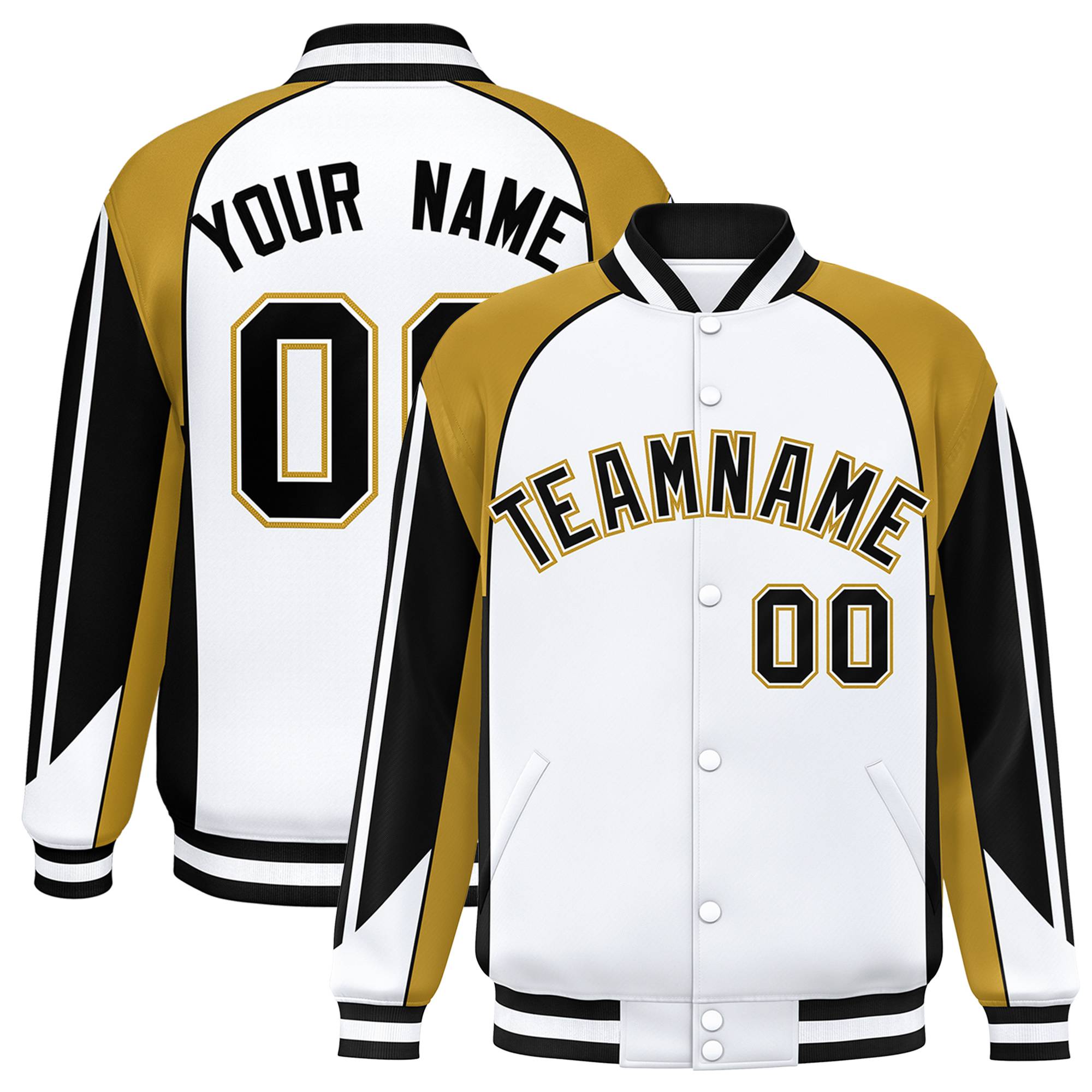 Custom White Old-Gold Black Raglan Sleeves Varsity Letterman Two Tone Jacket