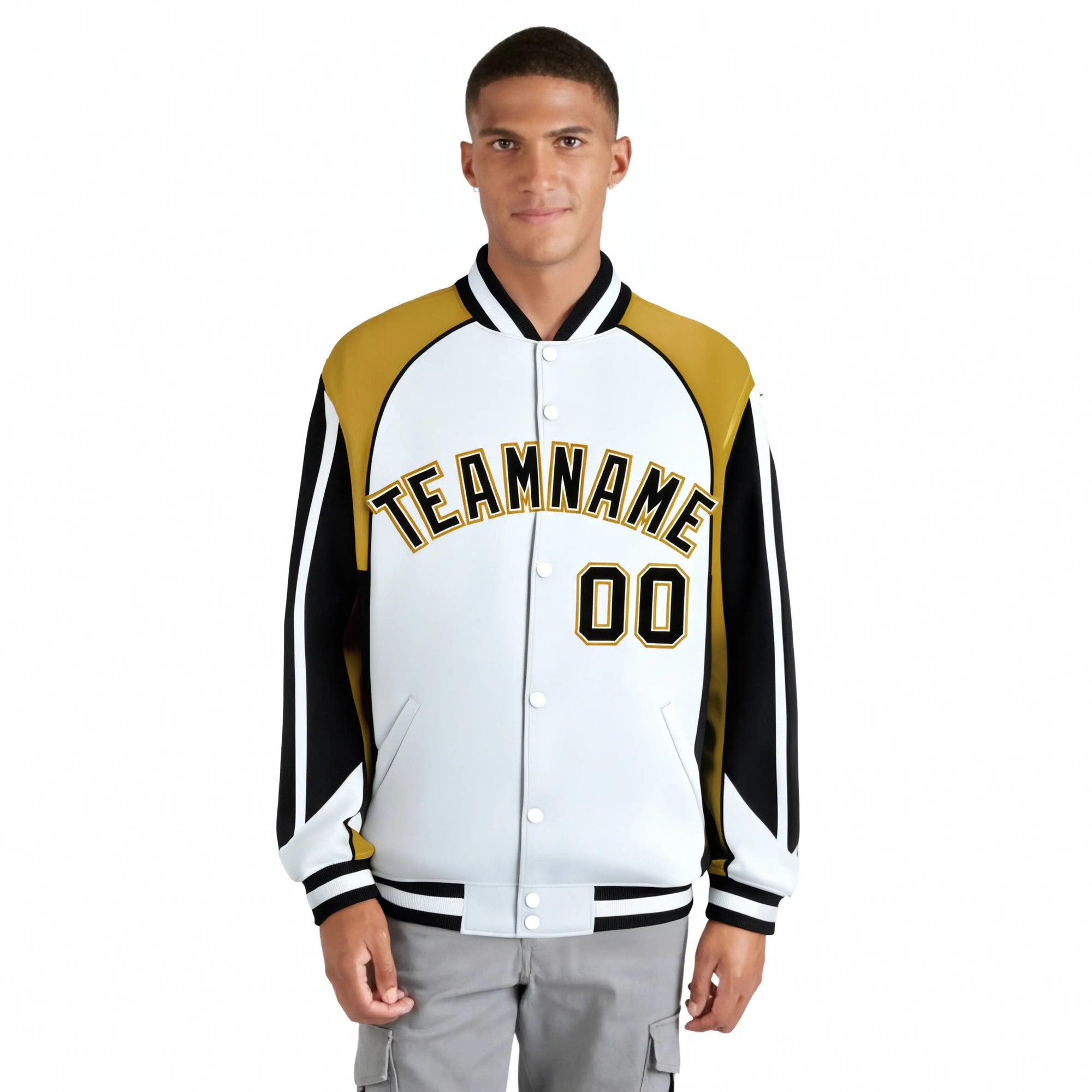 Custom White Old-Gold Black Raglan Sleeves Varsity Letterman Two Tone Jacket