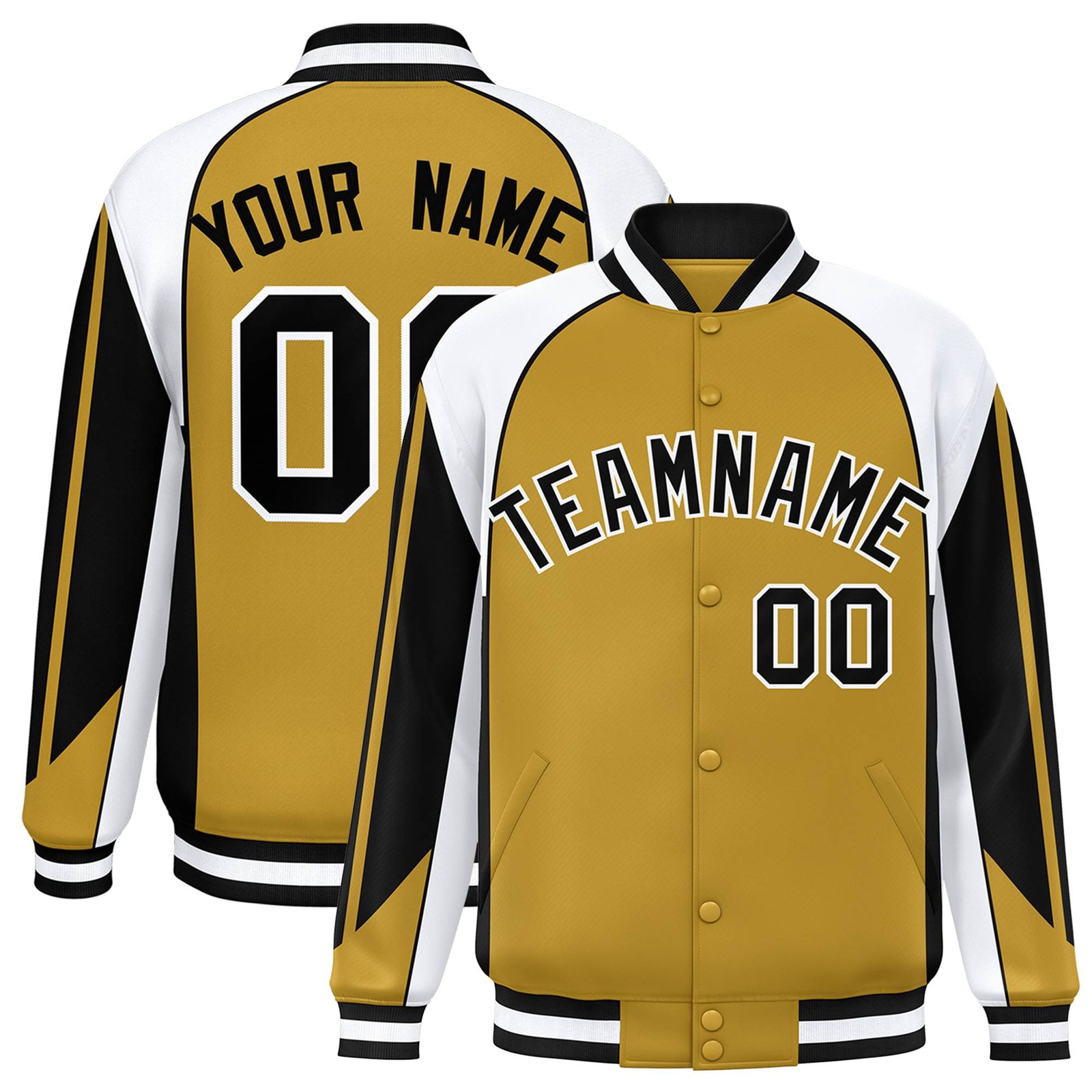 Custom Old-Gold White-Black Raglan Sleeves Varsity Letterman Two Tone Jacket