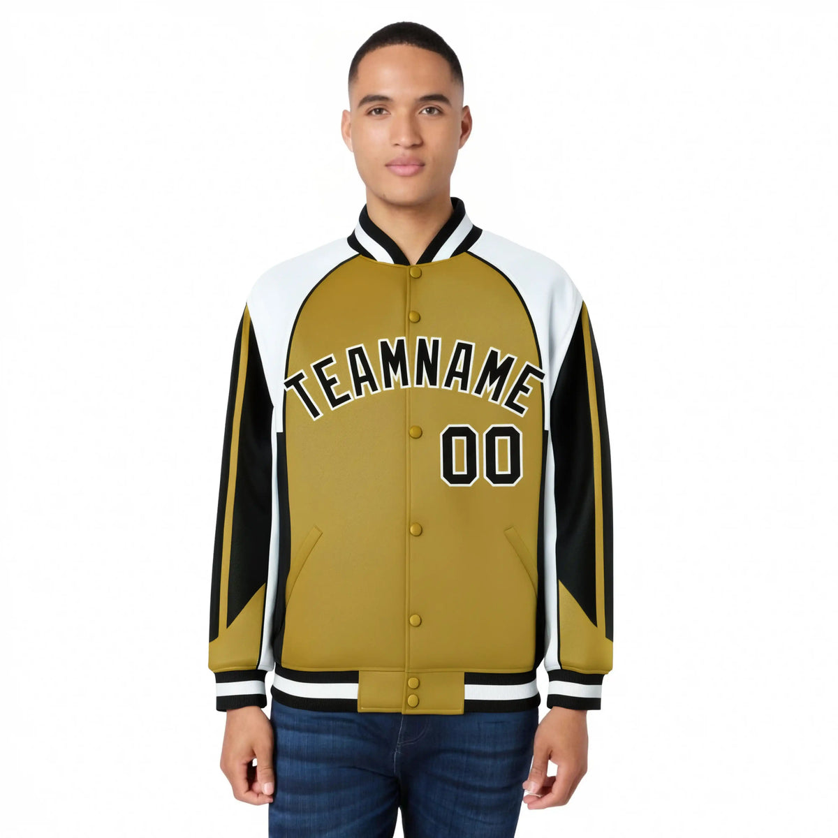 Custom Old-Gold White-Black Raglan Sleeves Varsity Letterman Two Tone Jacket