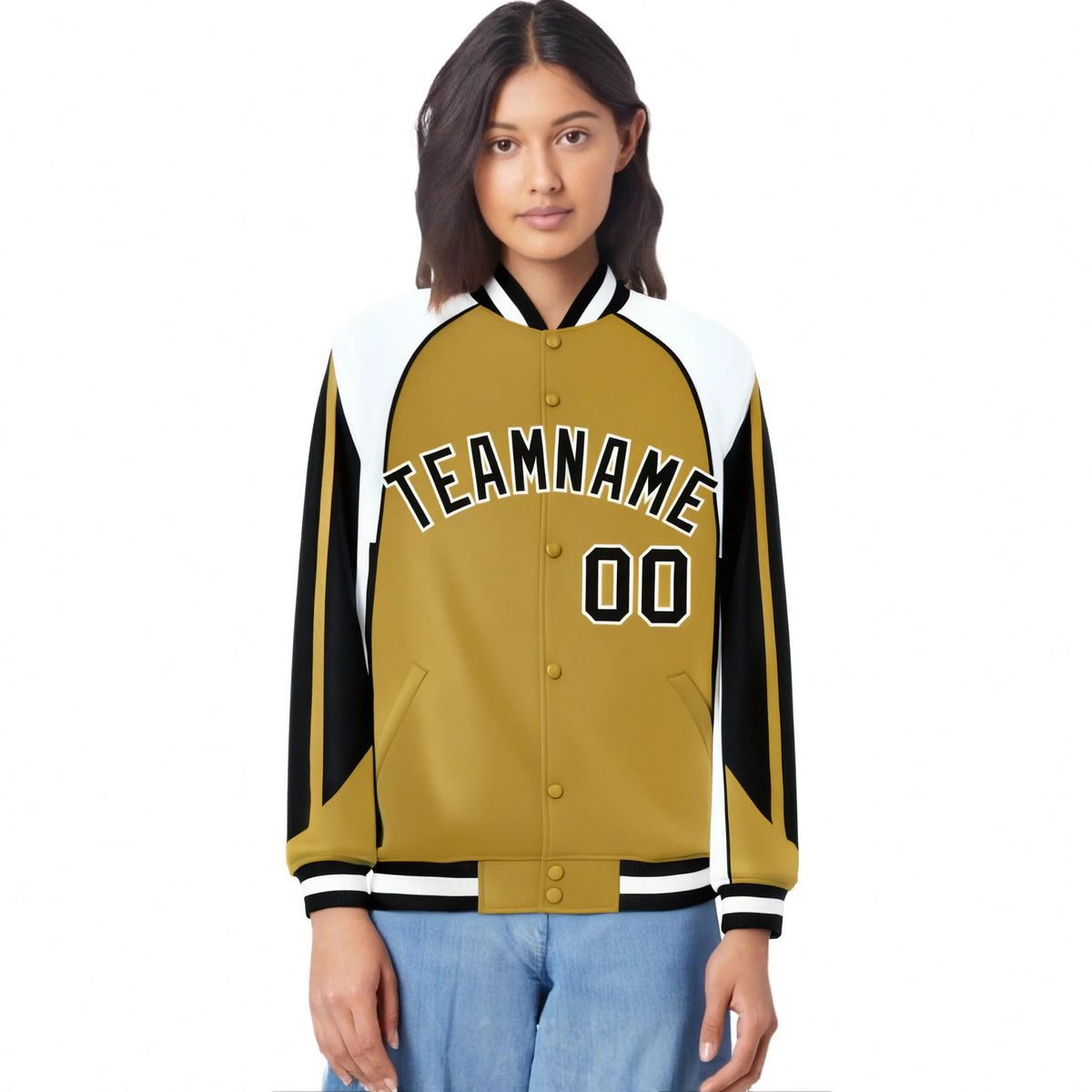 Custom Old-Gold White-Black Raglan Sleeves Varsity Letterman Two Tone Jacket