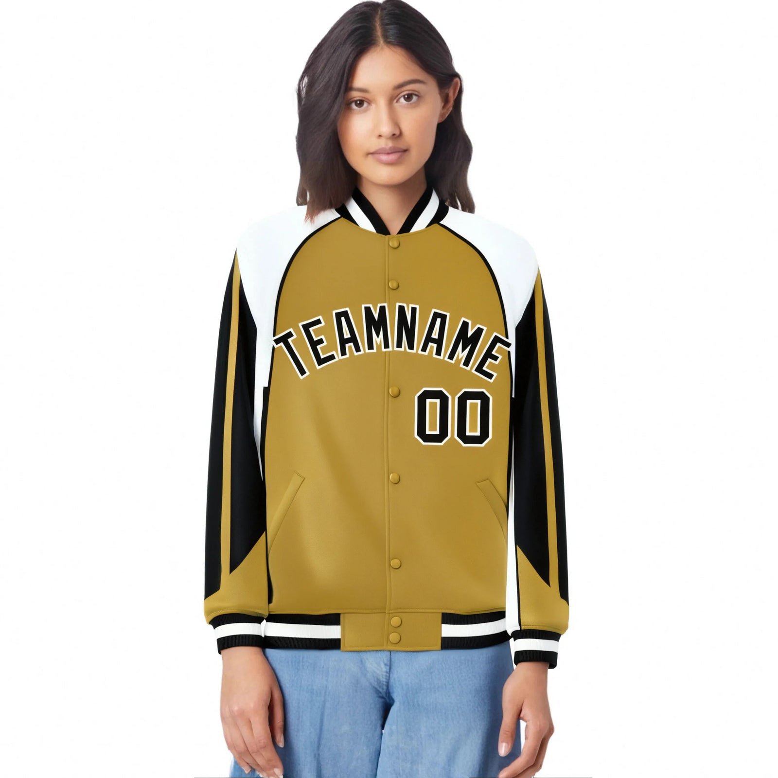 Custom Old-Gold White-Black Raglan Sleeves Varsity Letterman Two Tone Jacket
